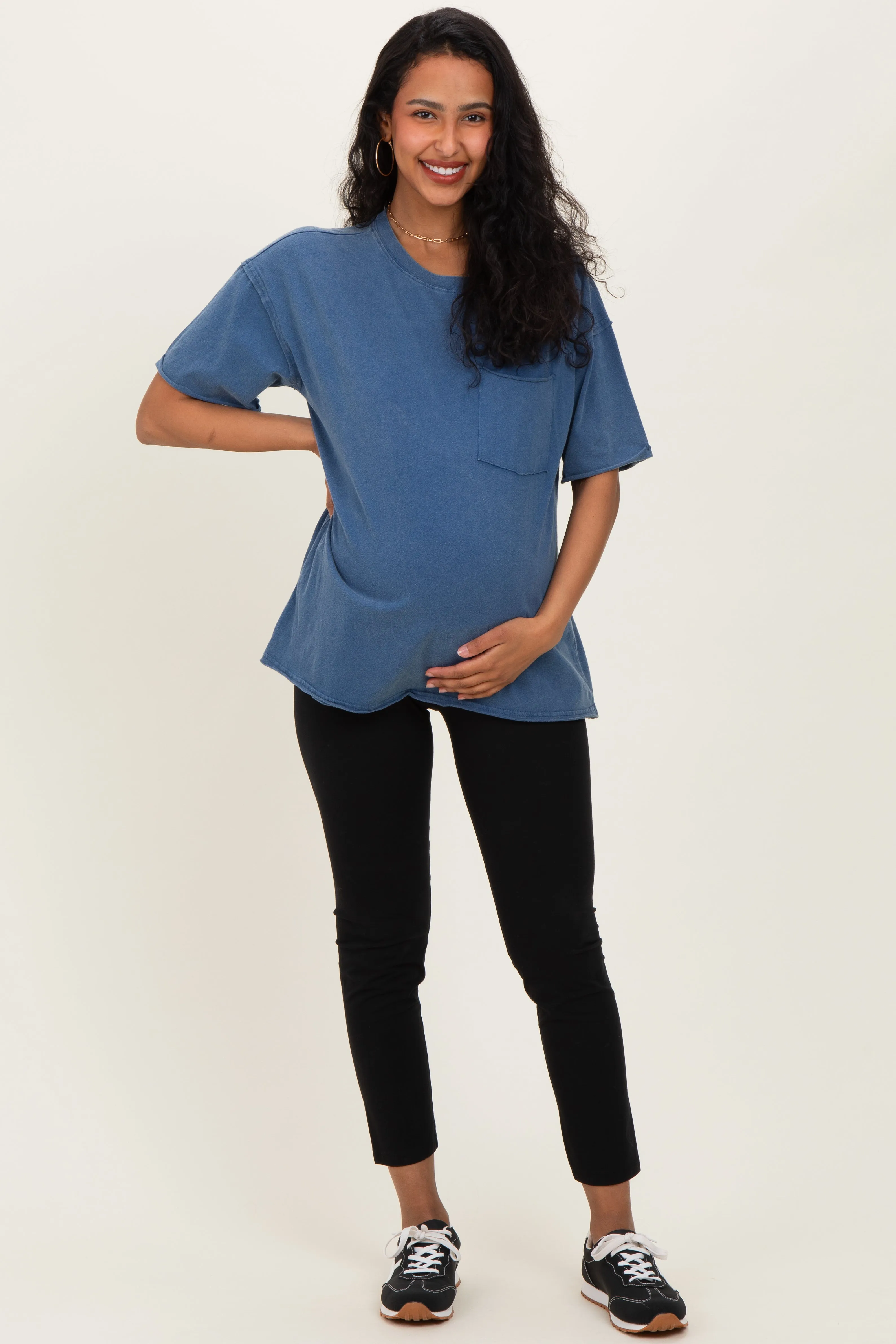 Light Navy Vintage Wash Raw Edge Pocket Maternity T-Shirt sold by Pinkblush product image thumbnail 2