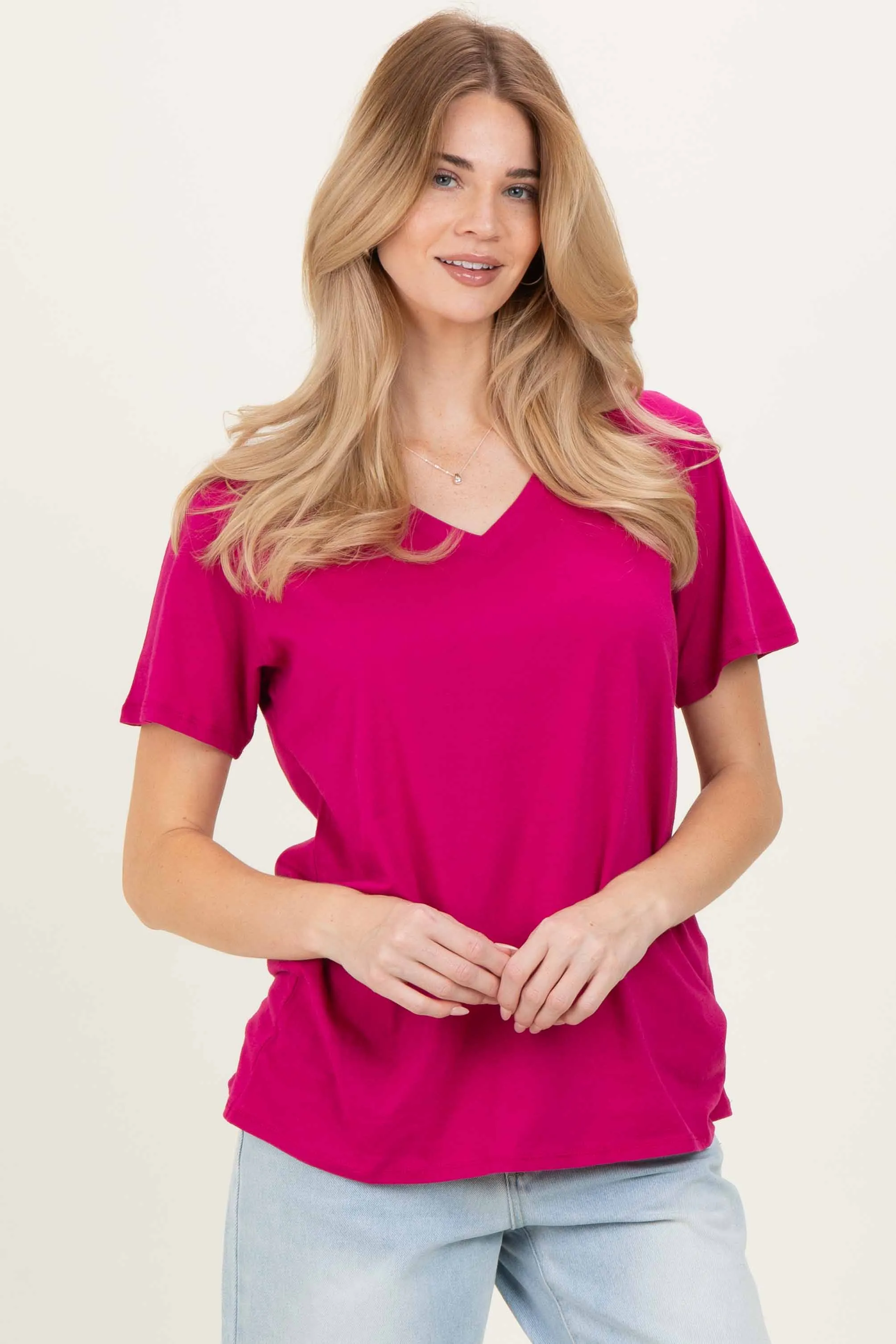 Magenta Oversized V-Neck Short Sleeve Tee sold by Pinkblush