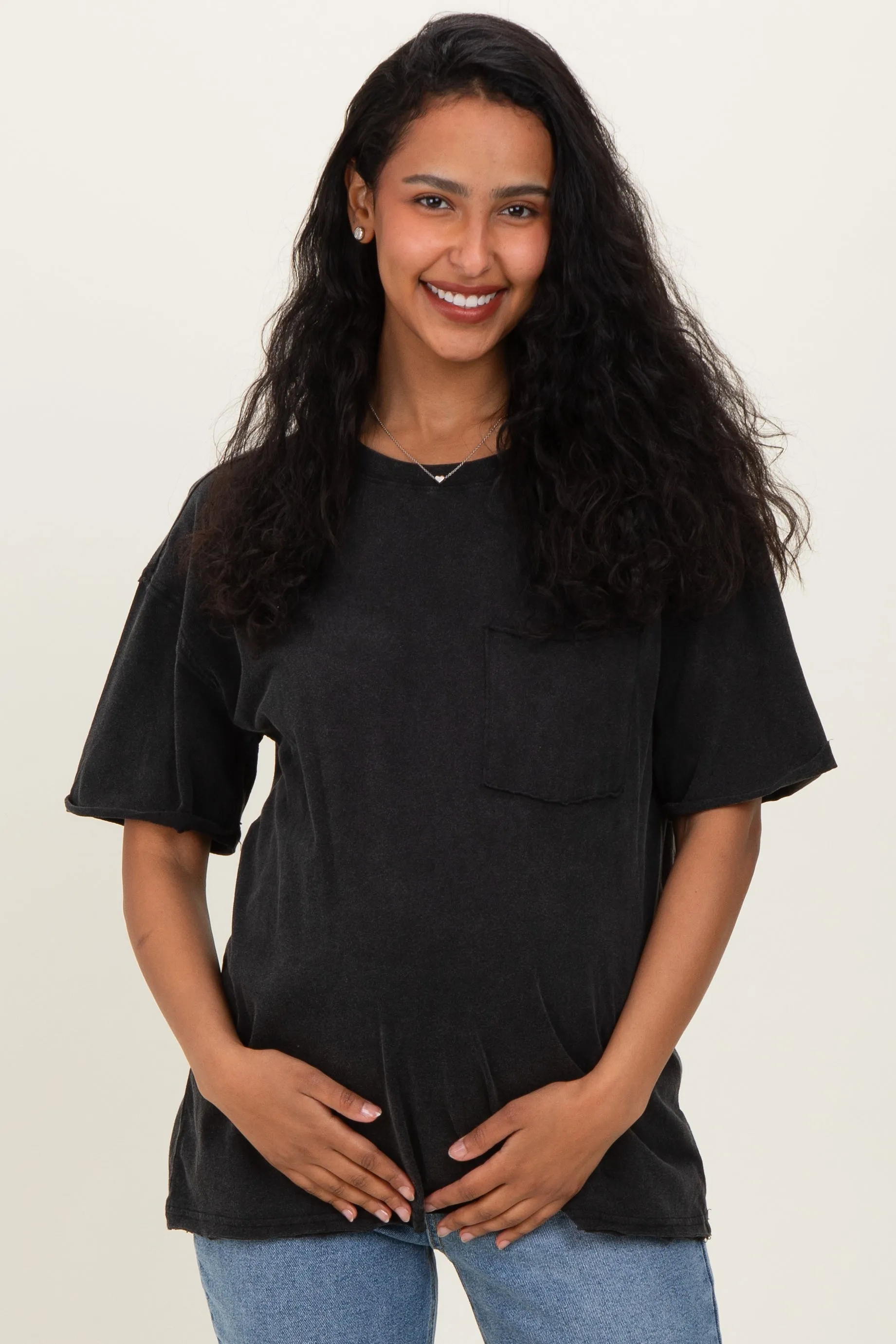 Black Vintage Wash Raw Edge Pocket Maternity T-Shirt sold by Pinkblush