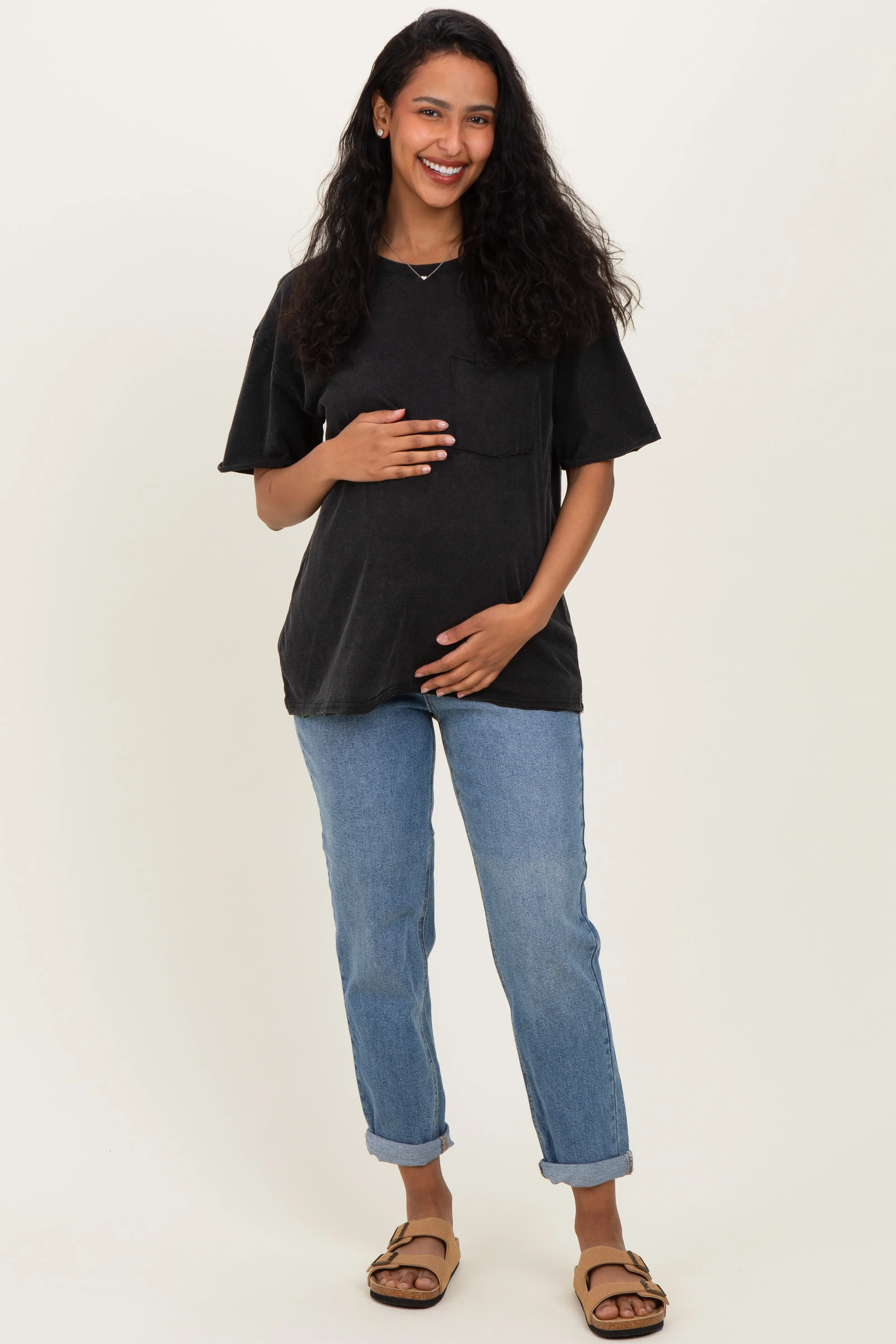 Black Vintage Wash Raw Edge Pocket Maternity T-Shirt sold by Pinkblush product image thumbnail 2