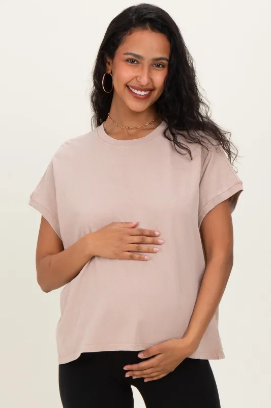 Taupe Mineral Wash Boxy Fit Maternity T-Shirt sold by Pinkblush