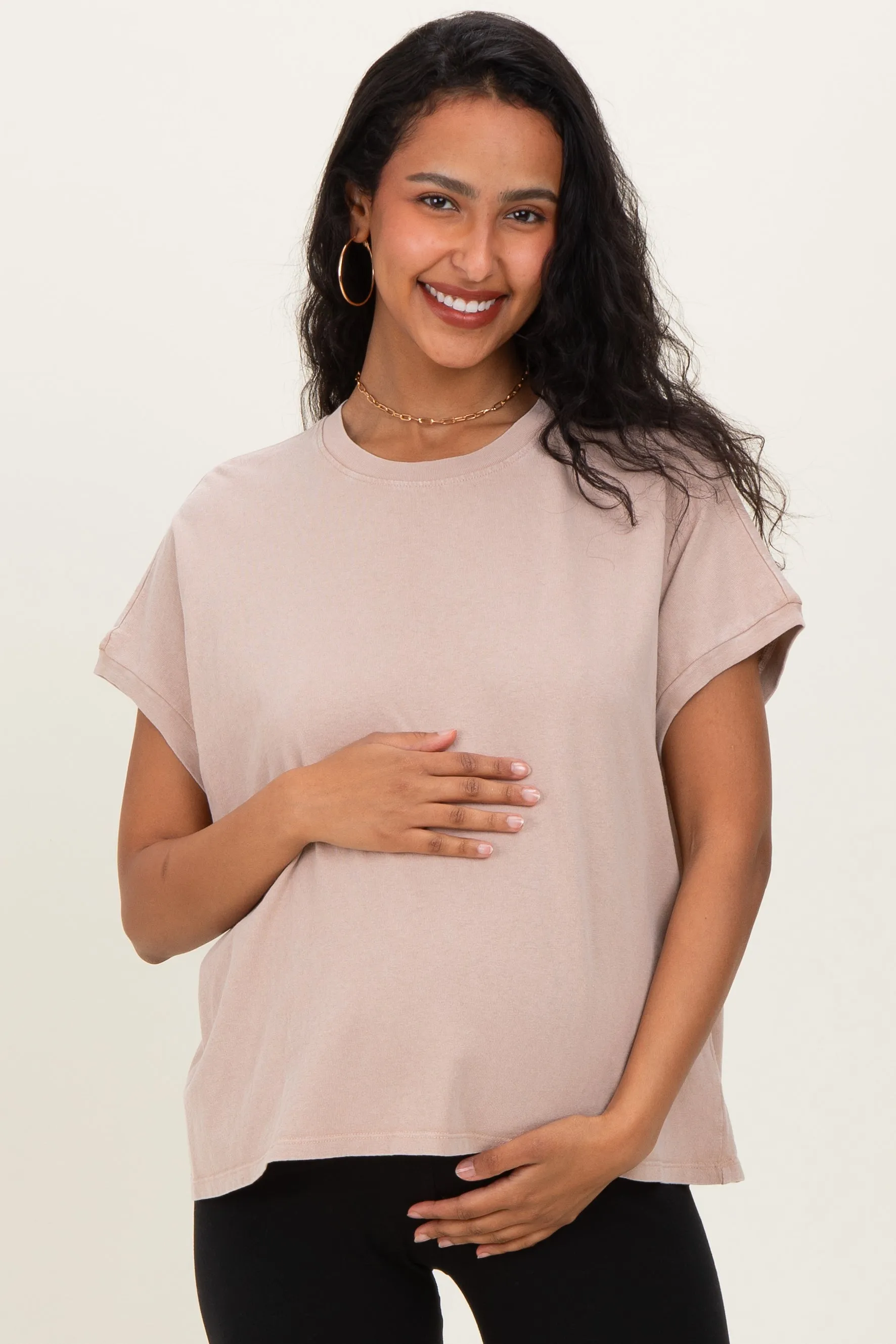 Taupe Mineral Wash Boxy Fit Maternity T-Shirt sold by Pinkblush