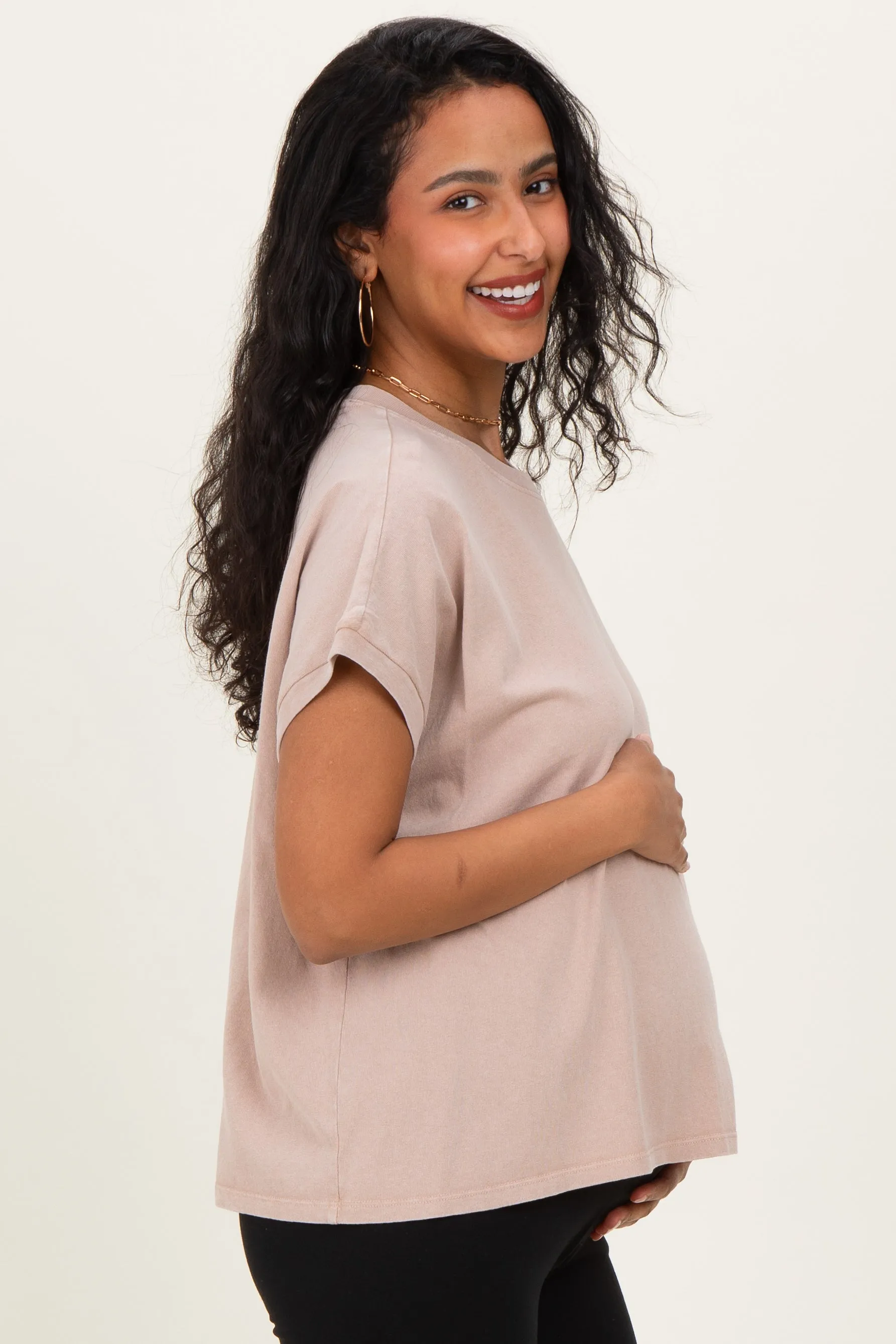 Taupe Mineral Wash Boxy Fit Maternity T-Shirt sold by Pinkblush product image thumbnail 3