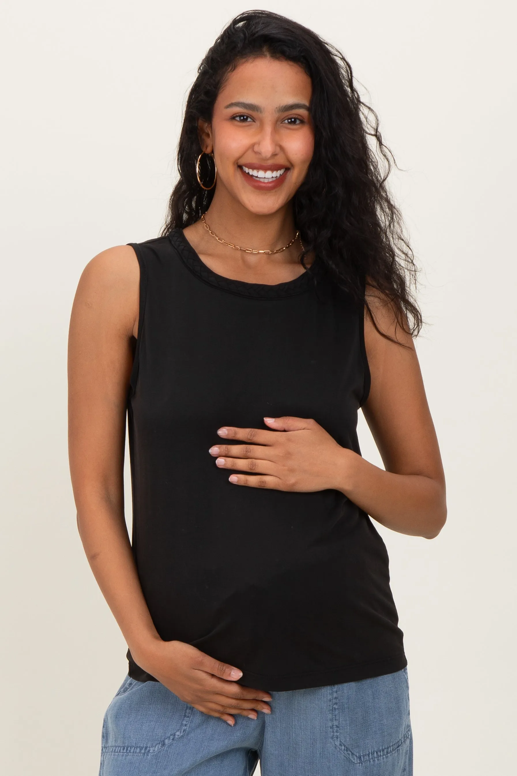 Black Braided Neckline Maternity Tank sold by Pinkblush