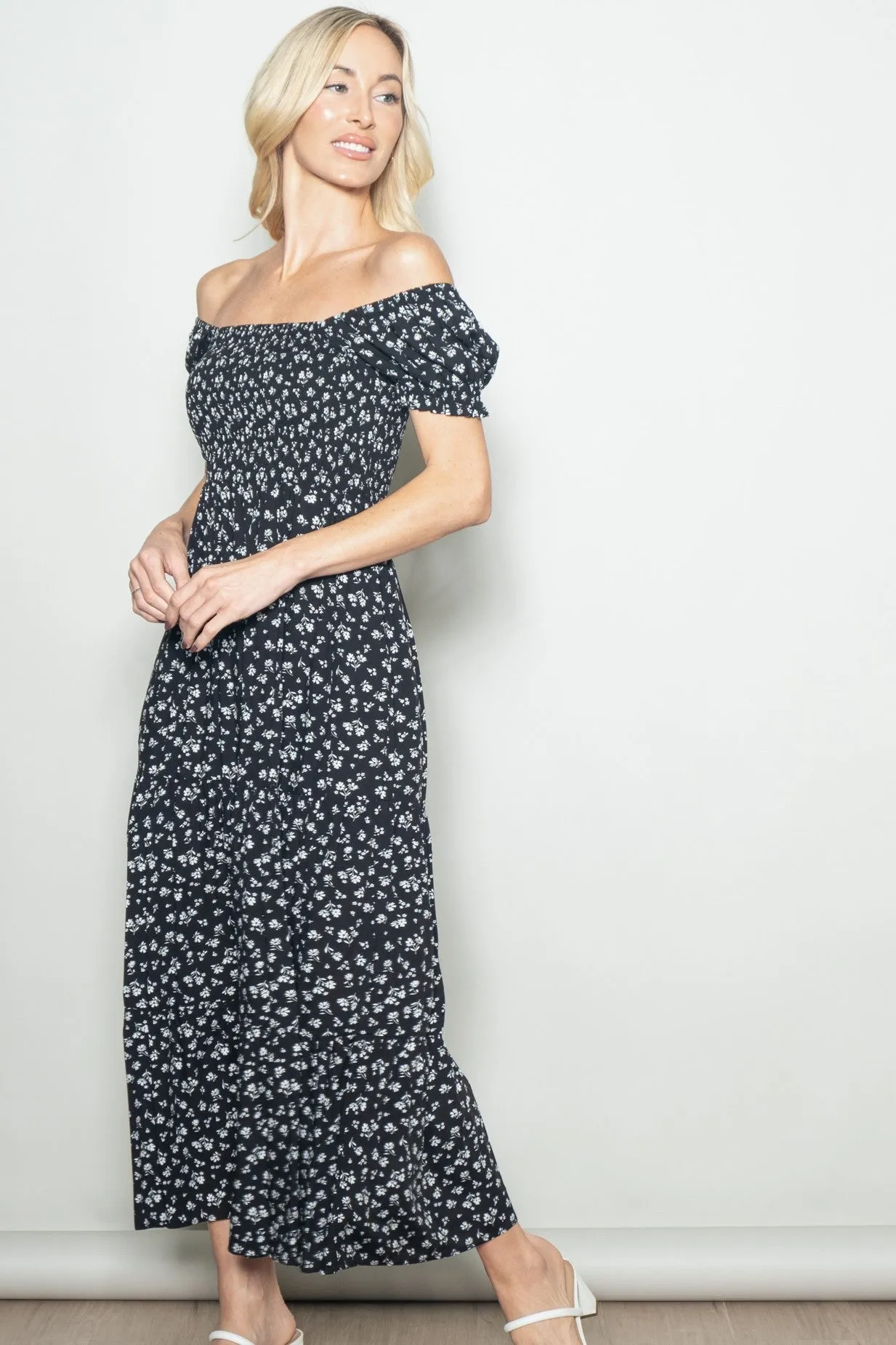 Black Floral Smocked Puff Sleeve Maxi Dress sold by Pinkblush product image thumbnail 3