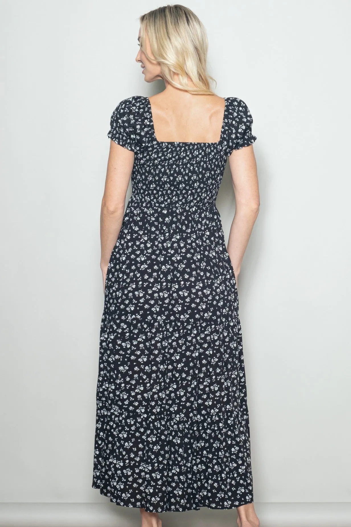 Black Floral Smocked Puff Sleeve Maxi Dress sold by Pinkblush product image thumbnail 4