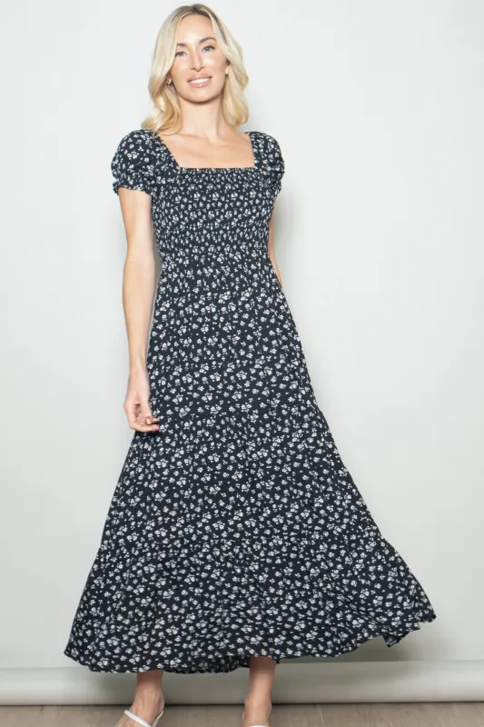 Black Floral Smocked Puff Sleeve Maxi Dress made by Pinkblush