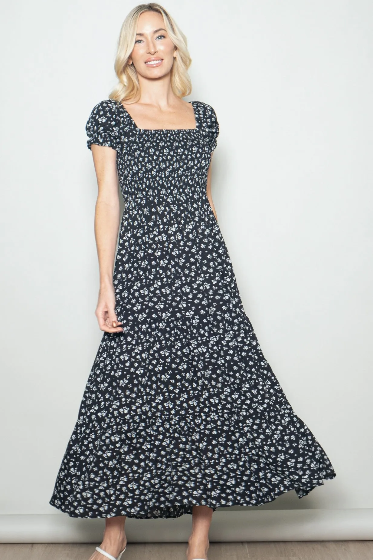 Black Floral Smocked Puff Sleeve Maxi Dress sold by Pinkblush