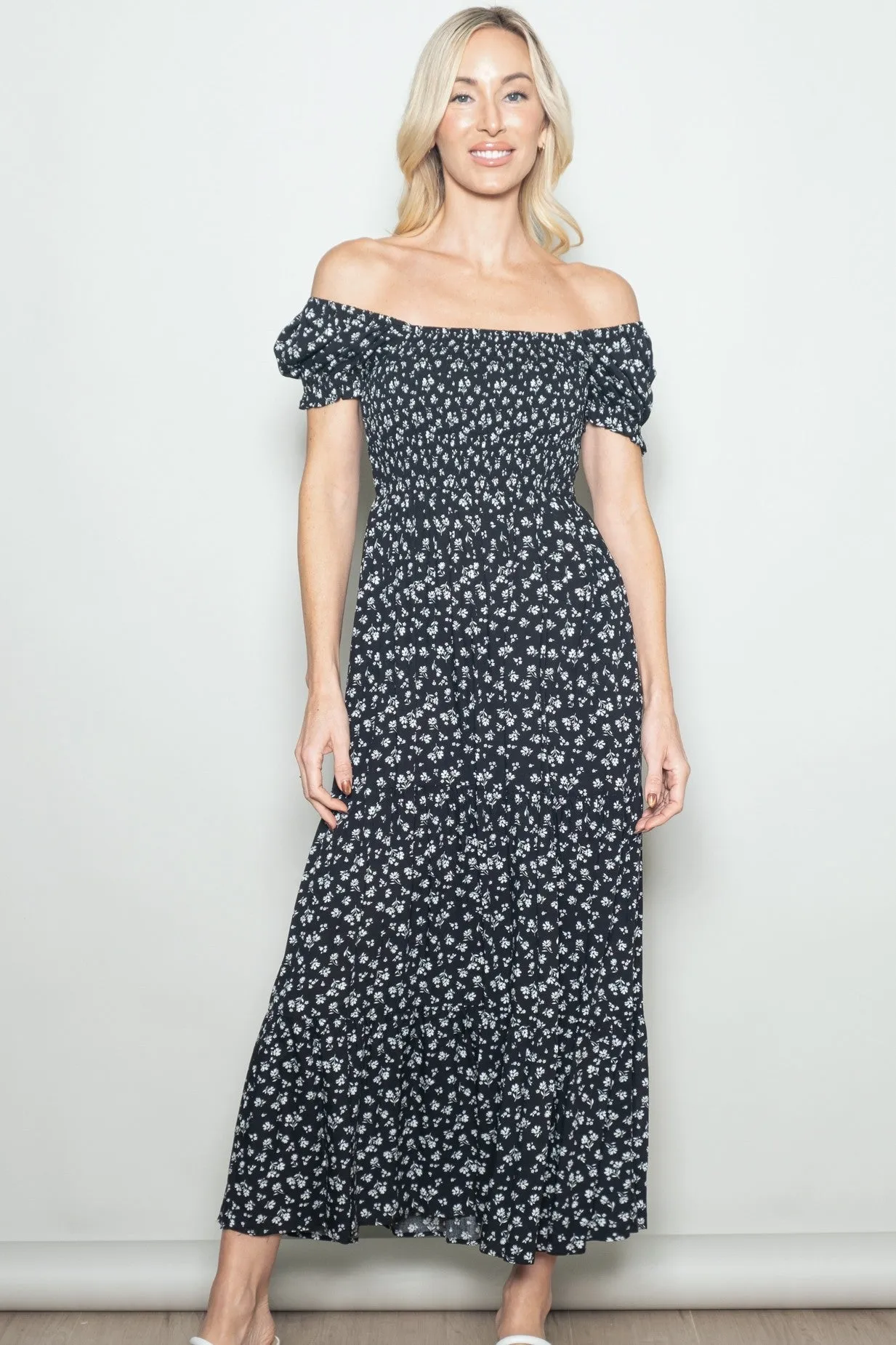 Black Floral Smocked Puff Sleeve Maxi Dress sold by Pinkblush product image thumbnail 2