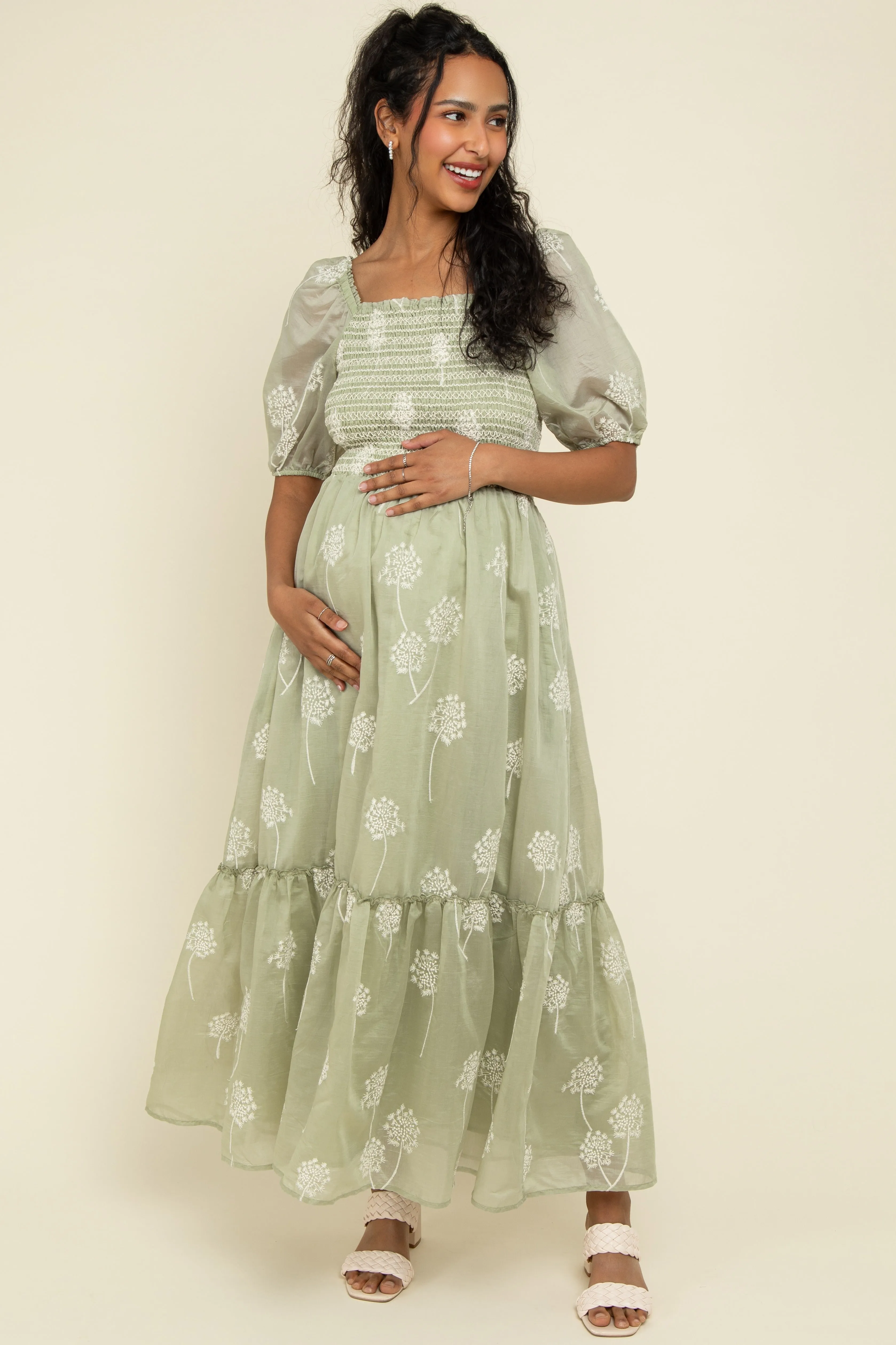 Fern Embroidered Floral Smocked Maternity Maxi Dress sold by Pinkblush