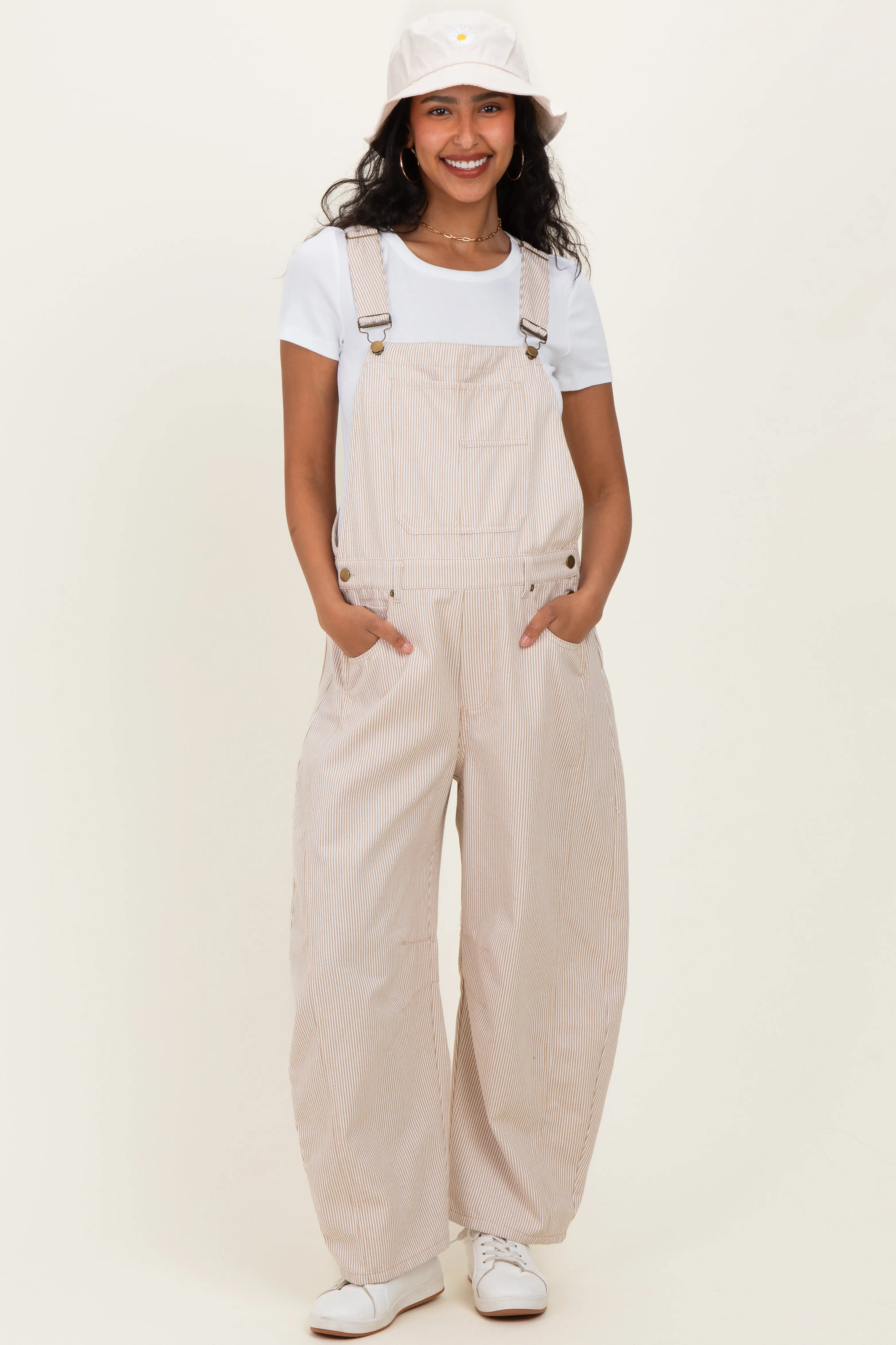 Taupe Pinstriped Barrel-Leg Maternity Overalls sold by Pinkblush