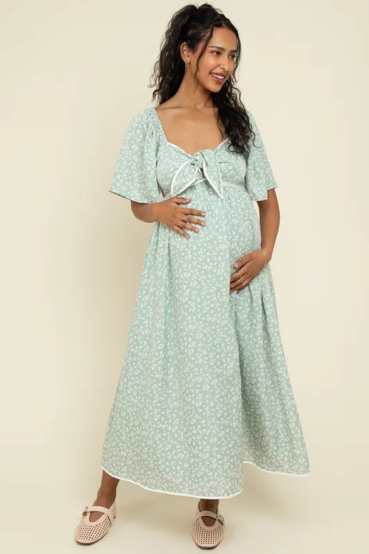 Sage Floral Tie Front Flutter Sleeve Maternity Midi Dress made by Pinkblush