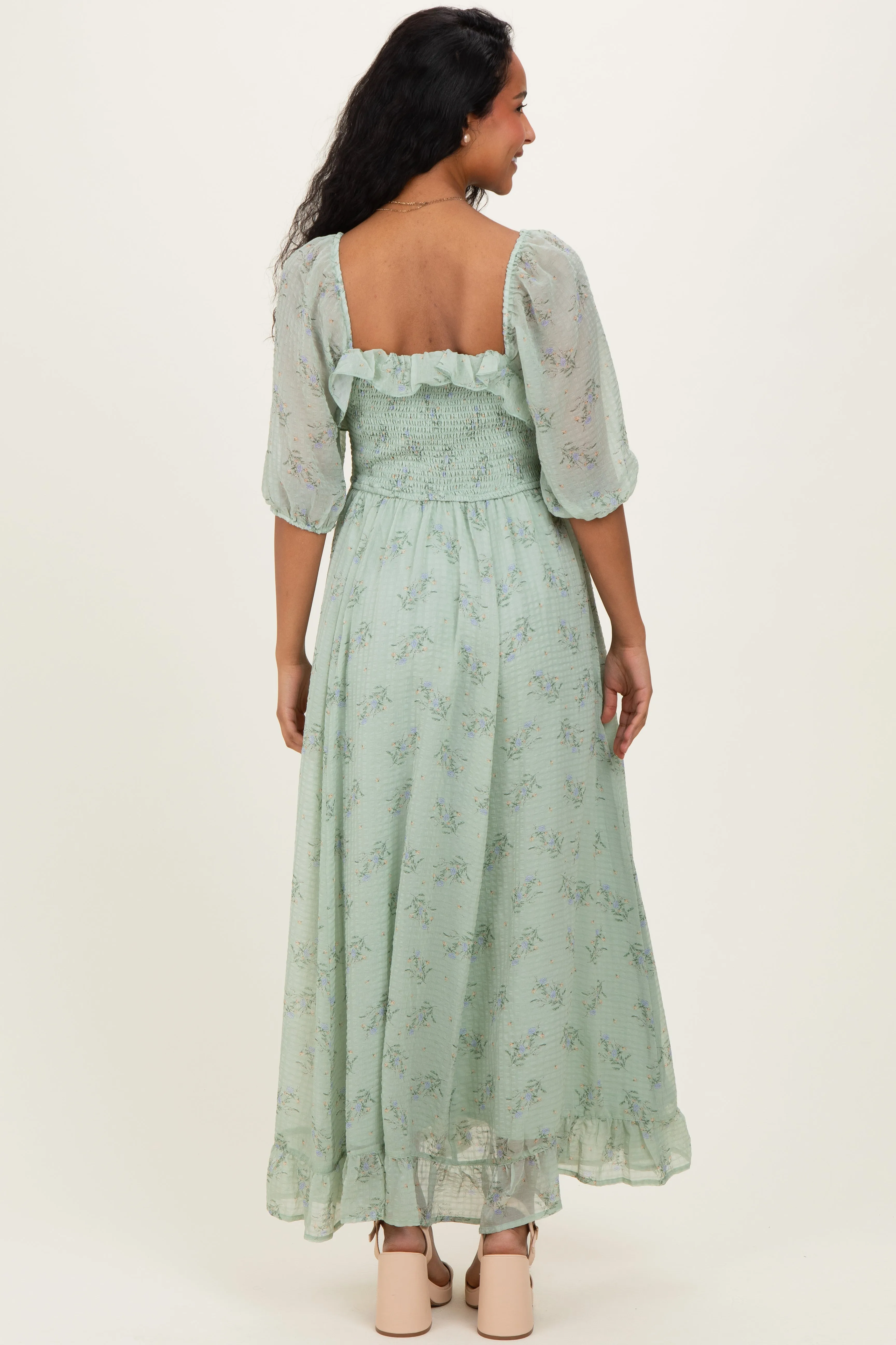 Sage Floral Chiffon Smocked Ruffle Maternity Maxi Dress sold by Pinkblush product image thumbnail 4