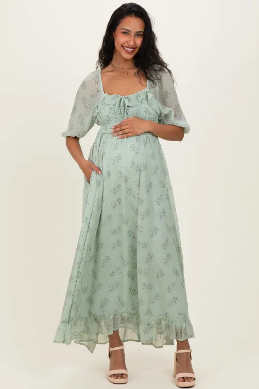 Sage Floral Chiffon Smocked Ruffle Maternity Maxi Dress sold by Pinkblush