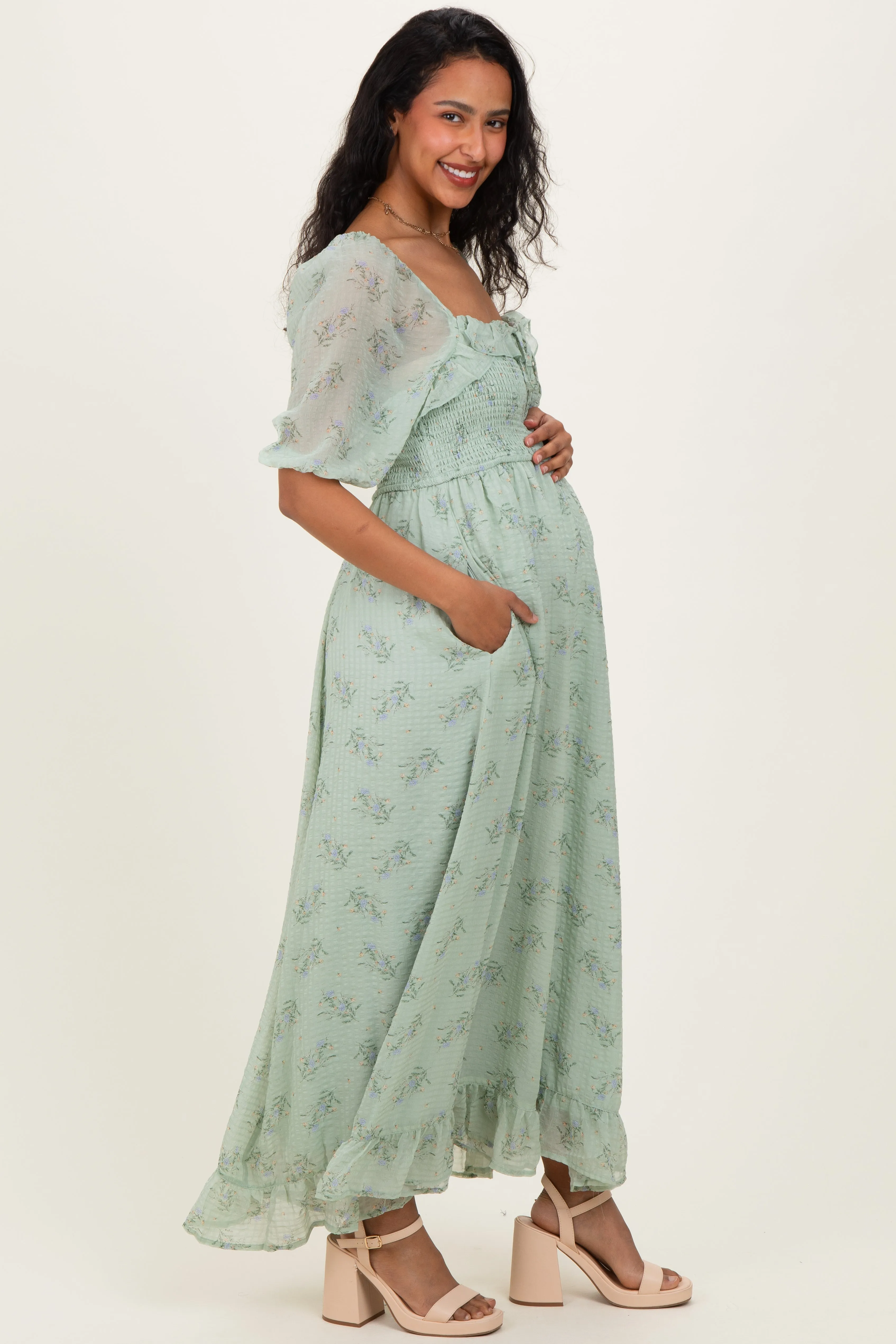 Sage Floral Chiffon Smocked Ruffle Maternity Maxi Dress sold by Pinkblush product image thumbnail 2