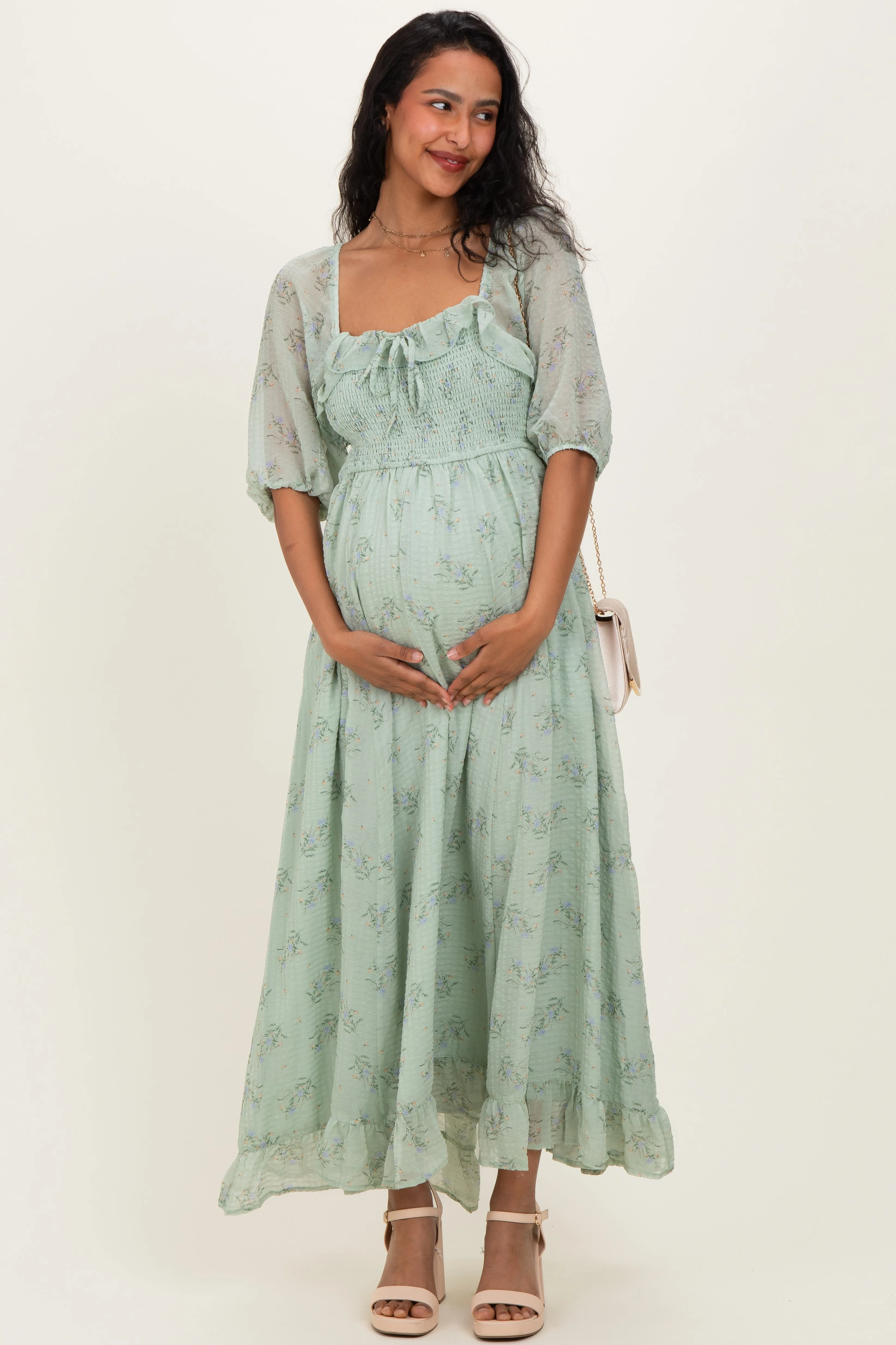 Sage Floral Chiffon Smocked Ruffle Maternity Maxi Dress sold by Pinkblush product image thumbnail 3