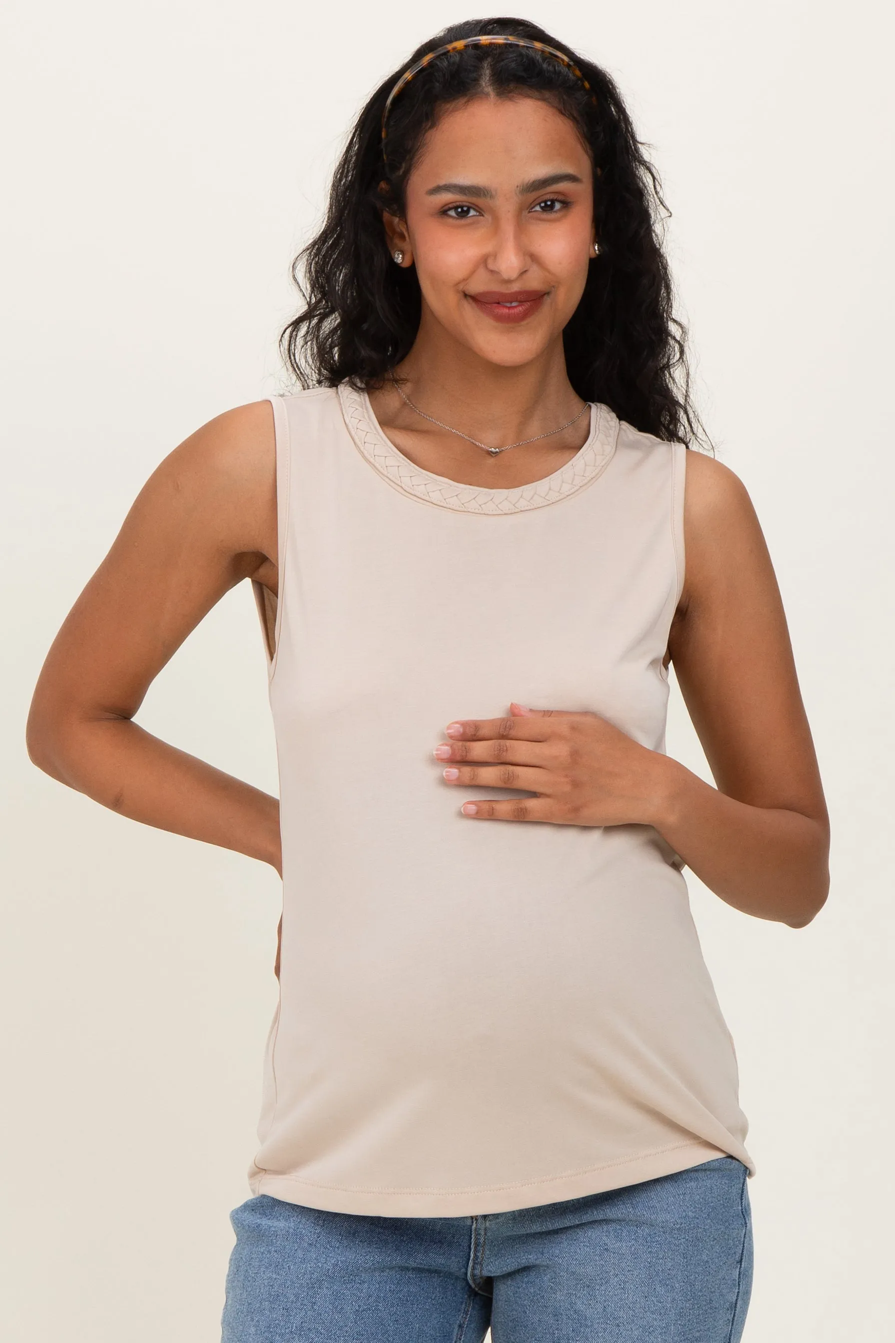 Oat Braided Neckline Maternity Tank sold by Pinkblush