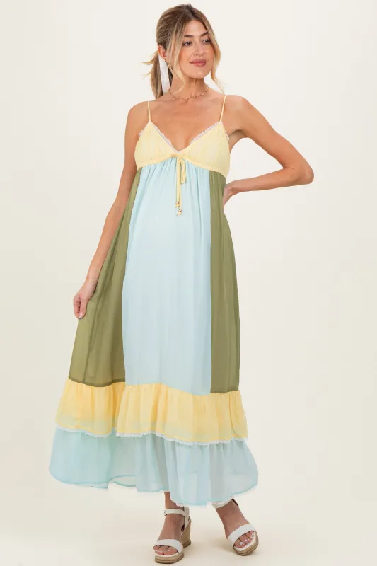 Light Blue Colorblock Tiered Ruffle Maternity Maxi Dress made by Lalavon
