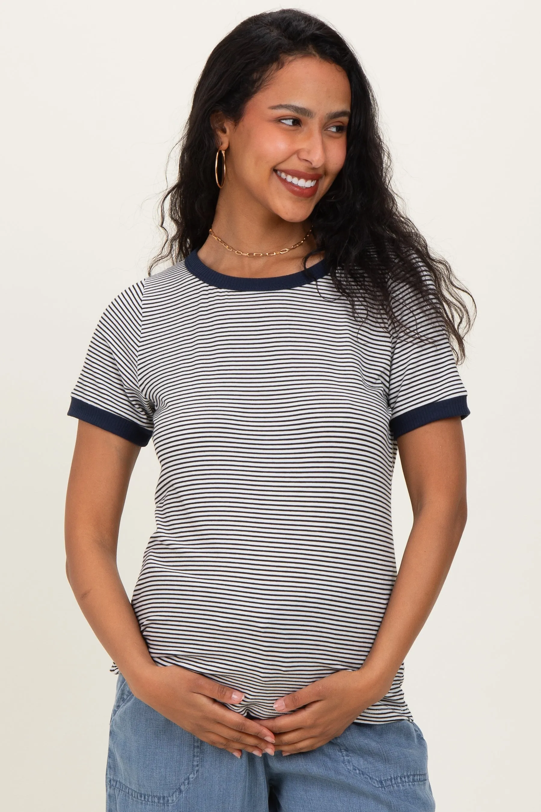 Ivory Navy Trimmed Striped Maternity Top sold by Pinkblush