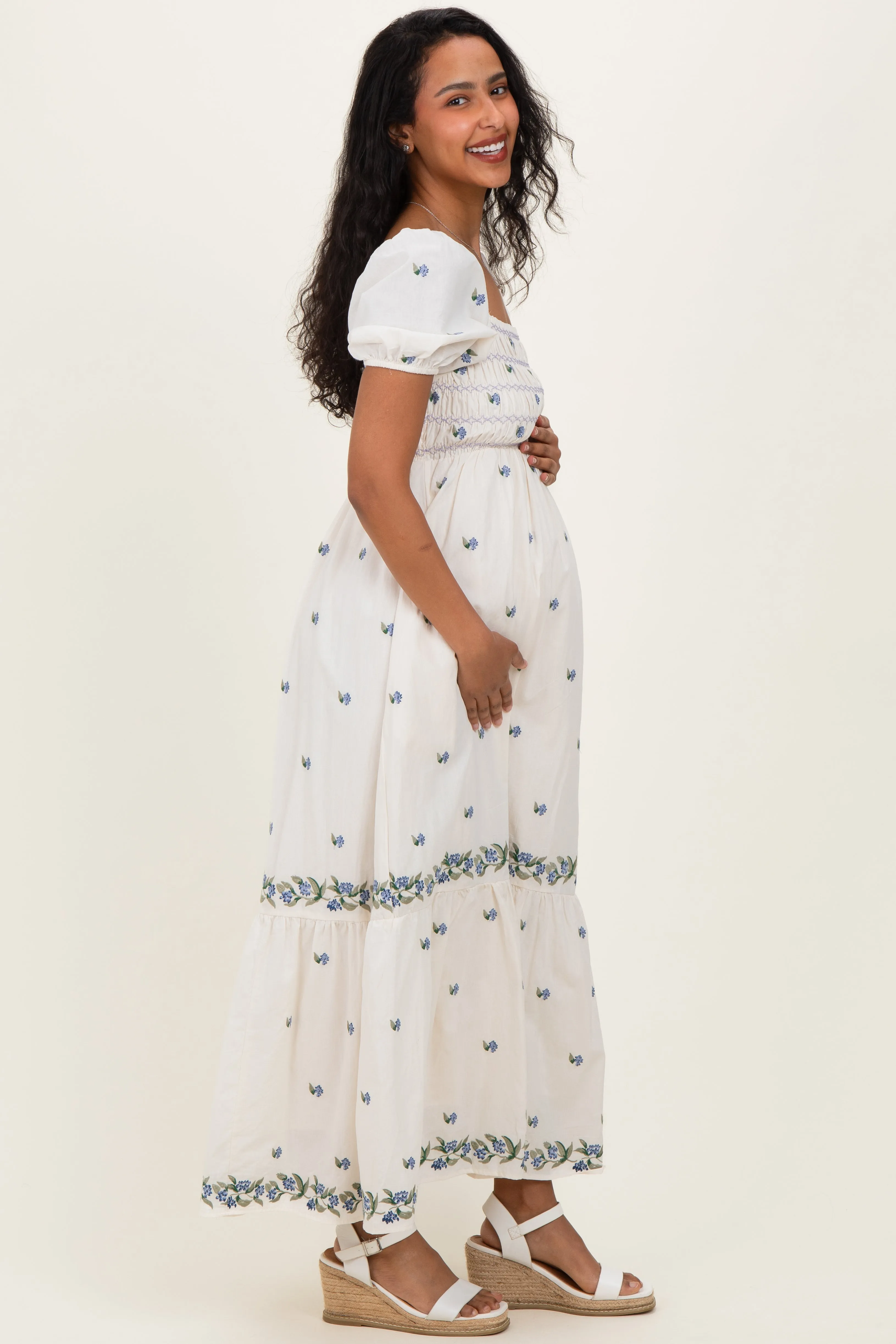 Buttercream Smocked Embroidered Floral Maternity Maxi Dress sold by Pinkblush product image thumbnail 3