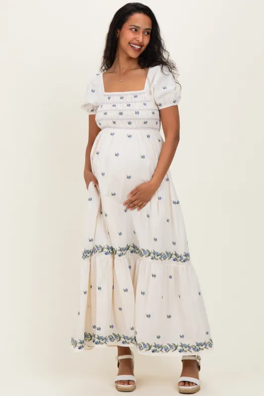 Buttercream Smocked Embroidered Floral Maternity Maxi Dress sold by Pinkblush