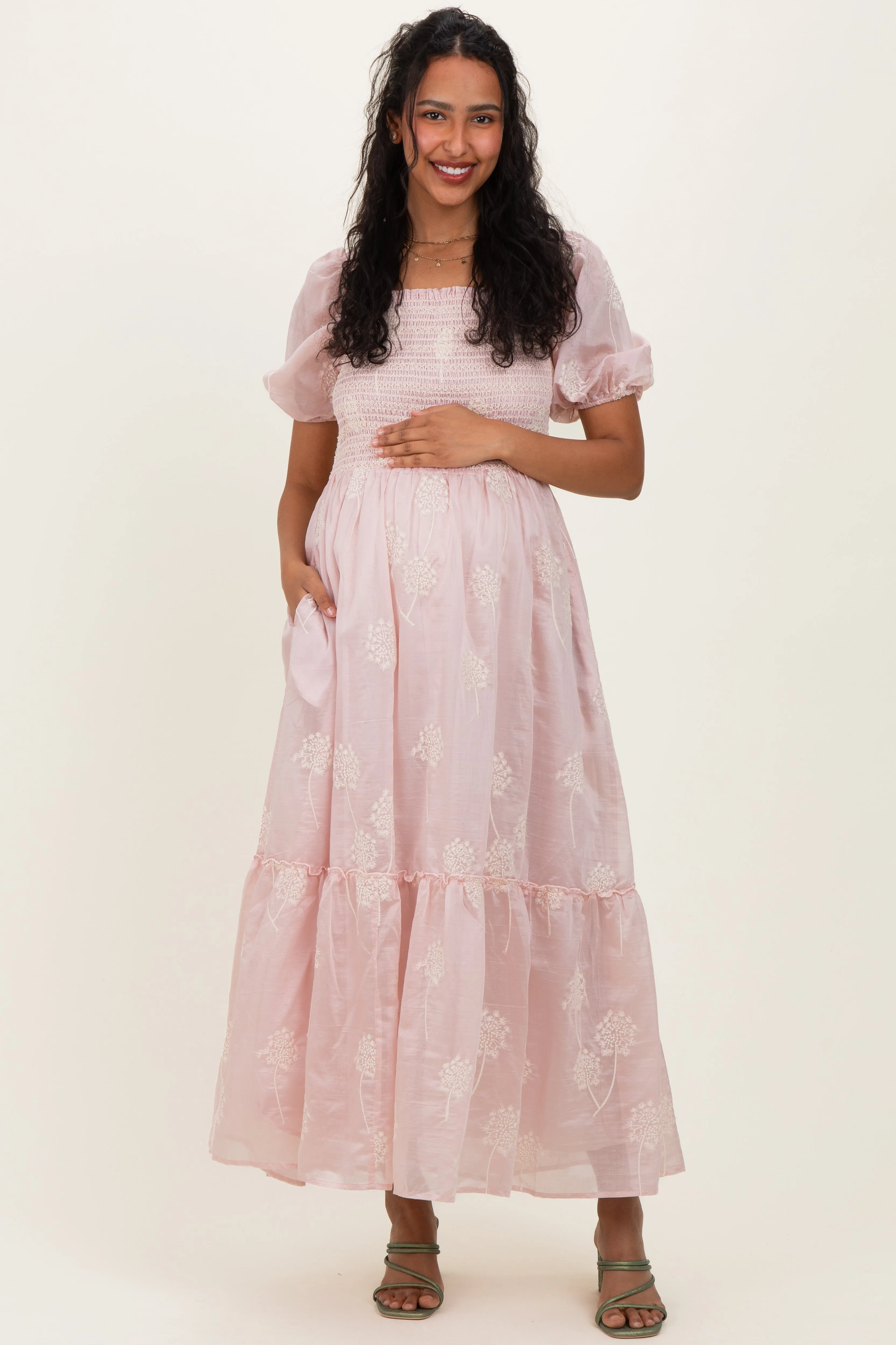 Light Pink Embroidered Floral Smocked Maternity Maxi Dress sold by Pinkblush