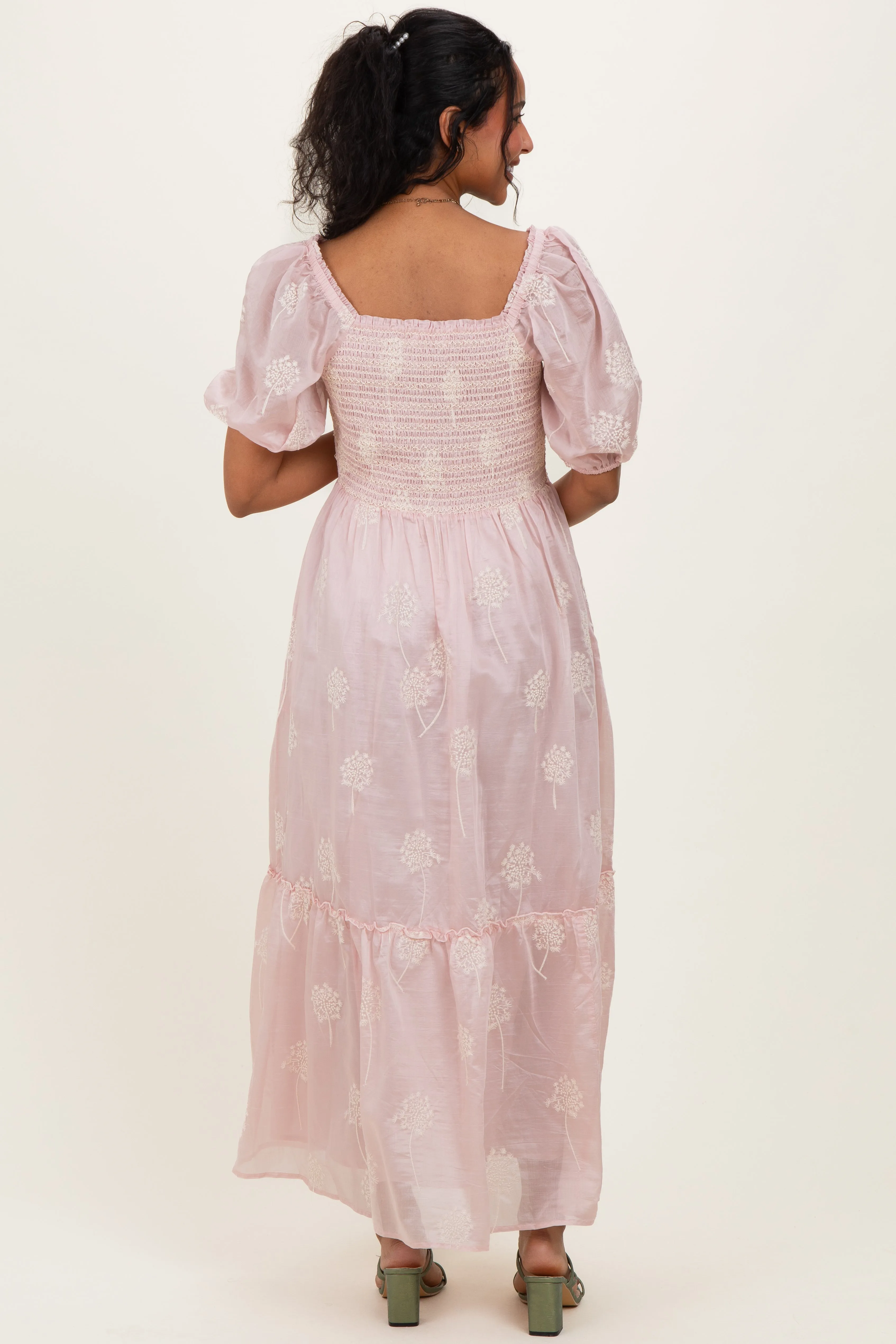 Light Pink Embroidered Floral Smocked Maternity Maxi Dress sold by Pinkblush product image thumbnail 2