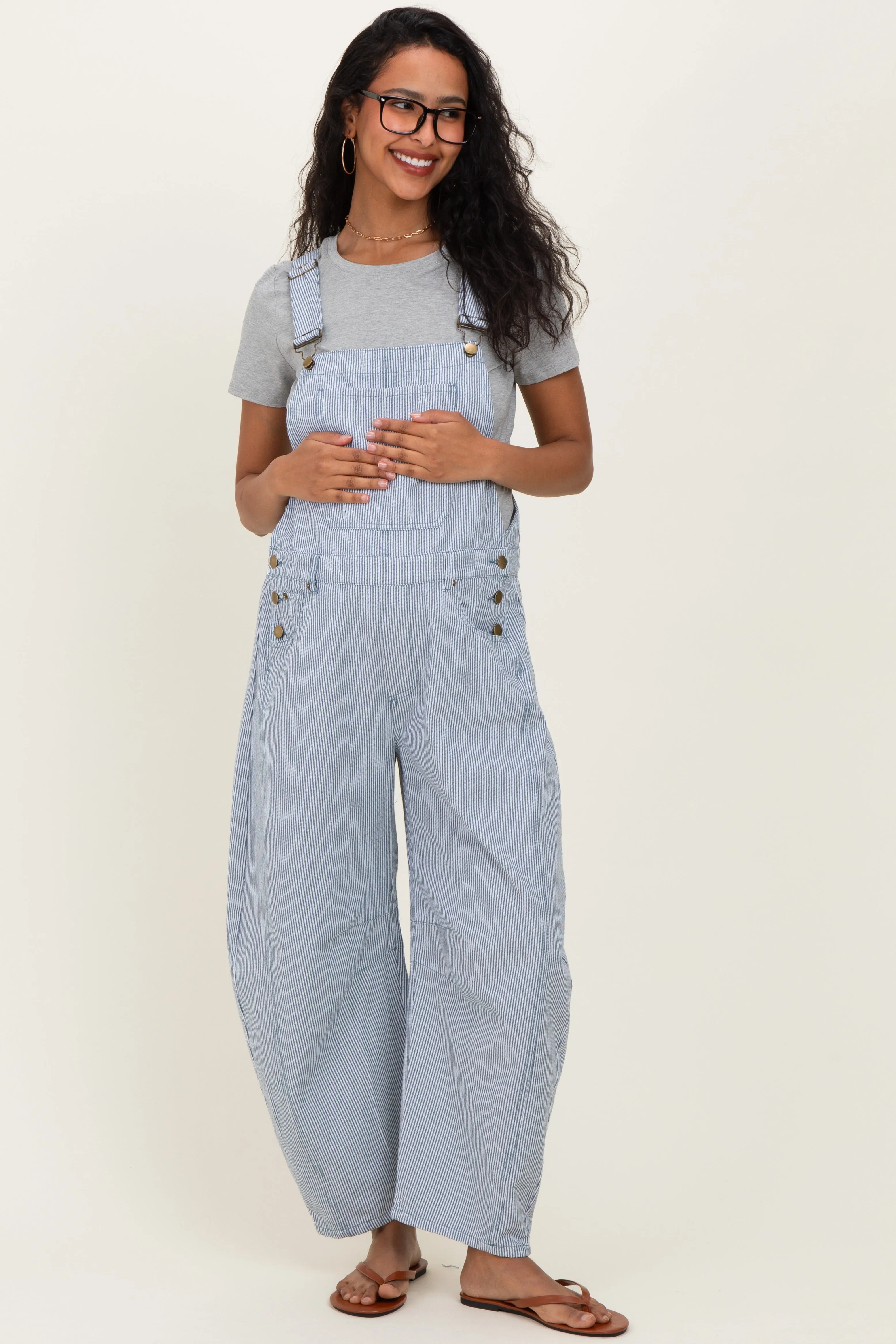 Blue Pinstriped Barrel-Leg Maternity Overalls sold by Pinkblush