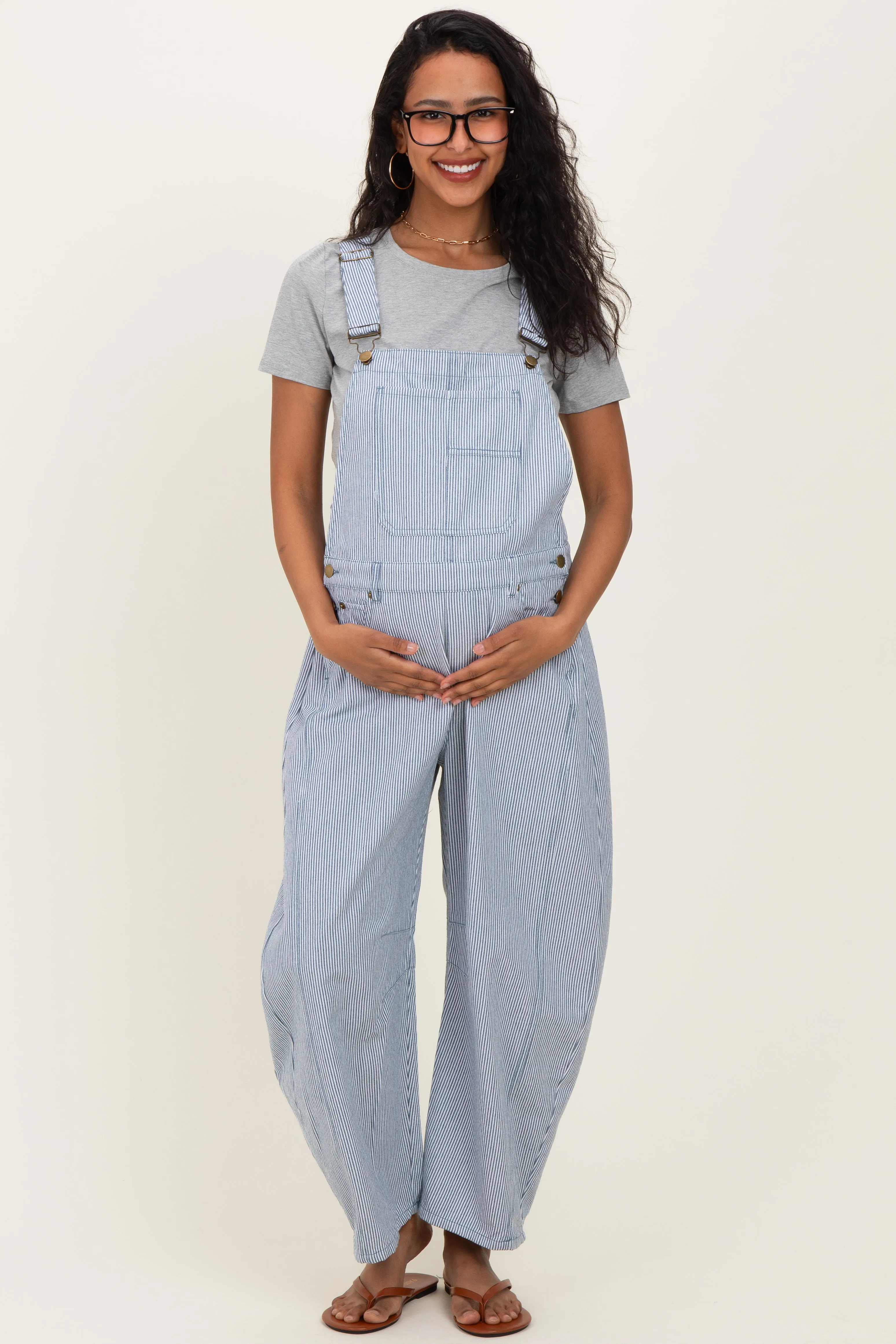 Blue Pinstriped Barrel-Leg Maternity Overalls sold by Pinkblush product image thumbnail 2