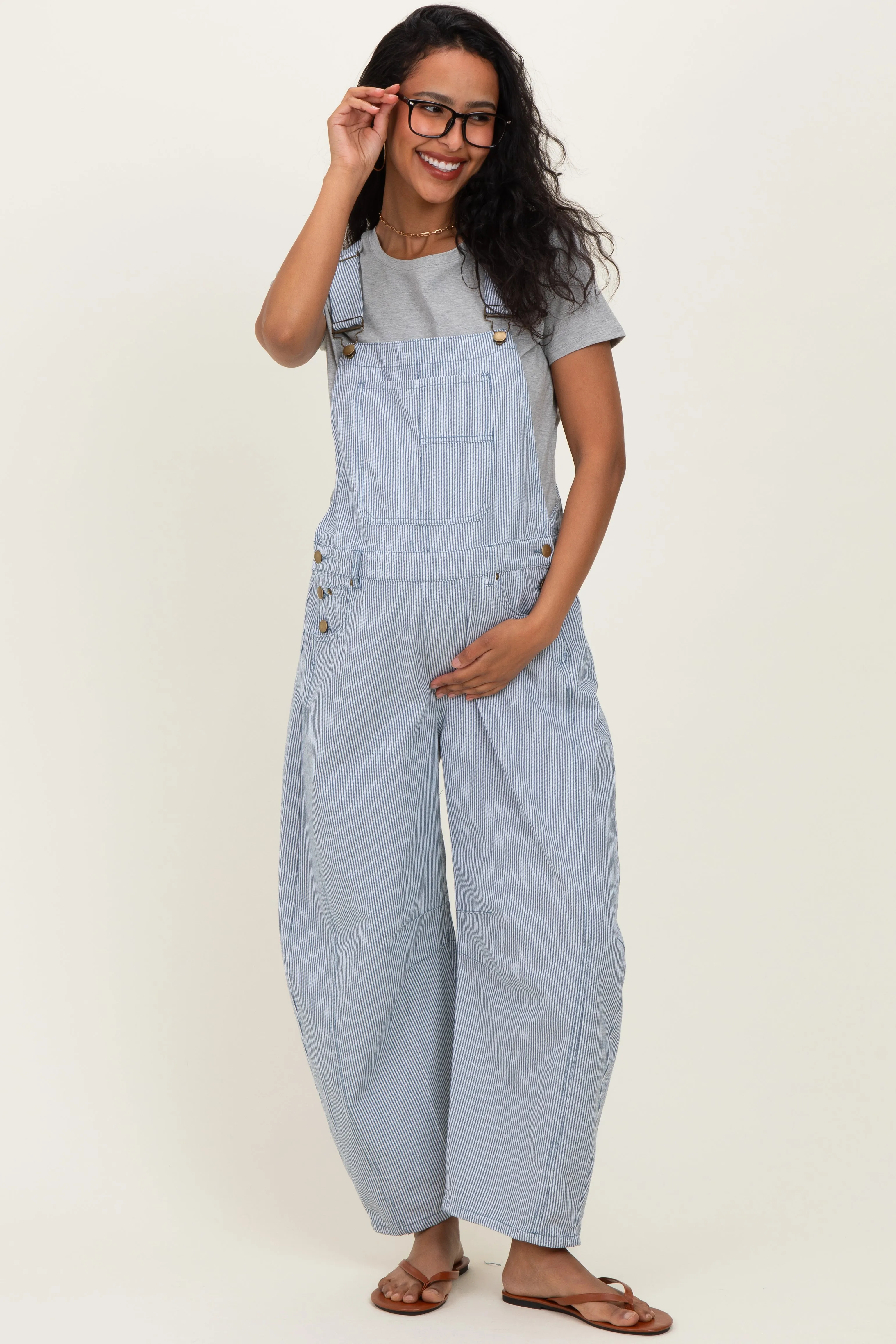 Blue Pinstriped Barrel-Leg Maternity Overalls sold by Pinkblush product image thumbnail 3