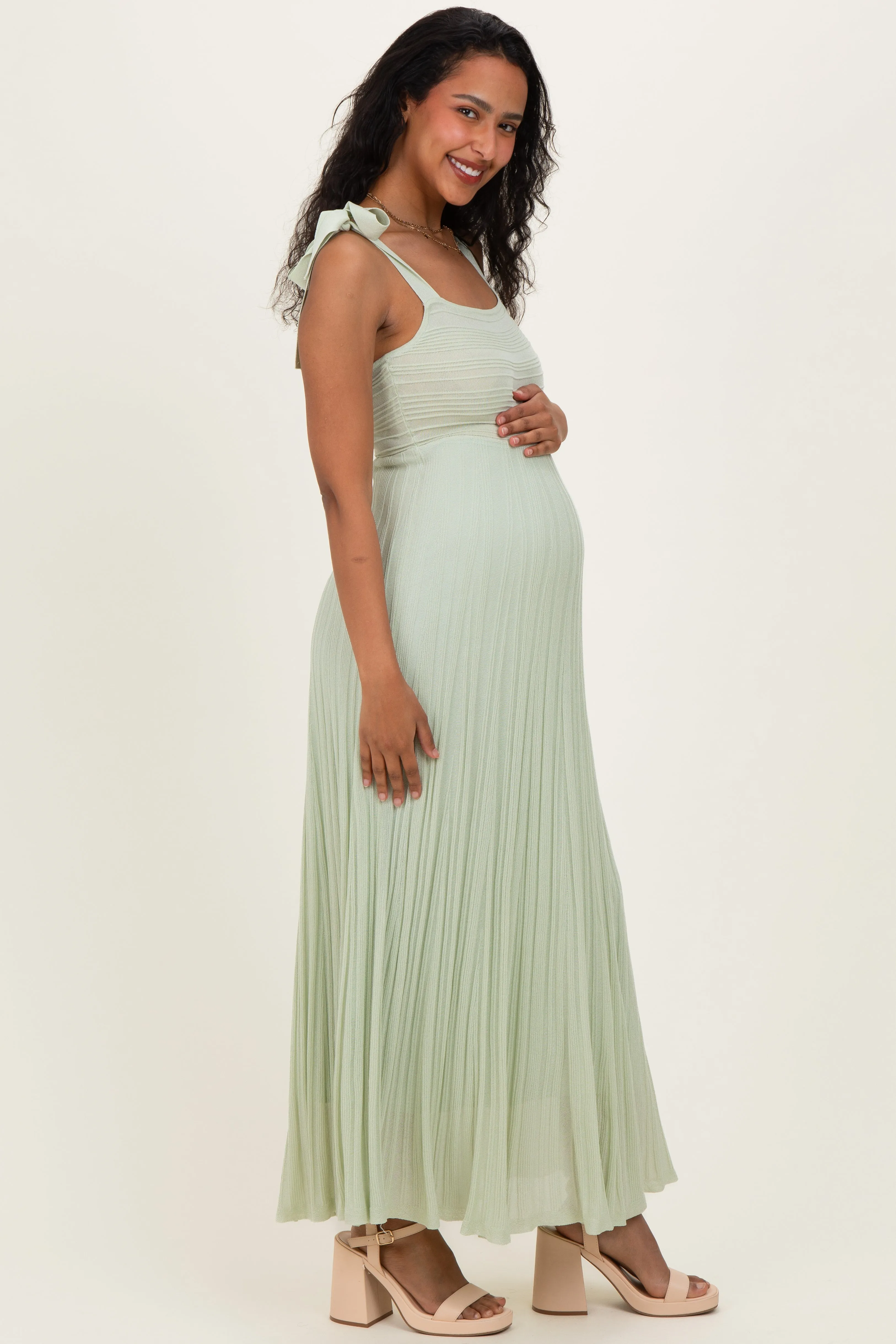 Sage Textured Knit Shoulder Tie Maternity Midi Dress sold by Pinkblush product image thumbnail 3