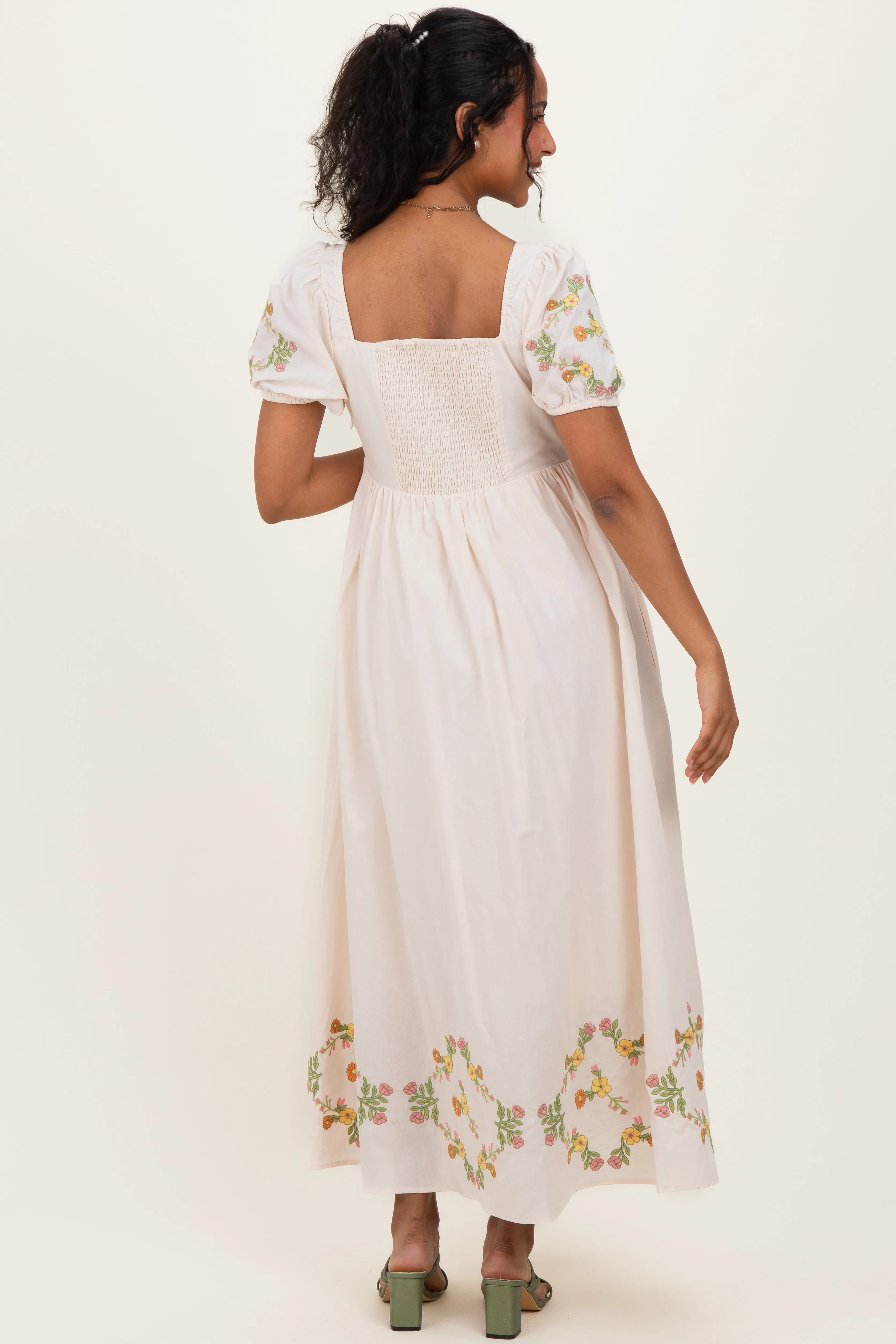 Creme Embroidered Floral Pleated Bodice Maternity Maxi Dress sold by Pinkblush product image thumbnail 3
