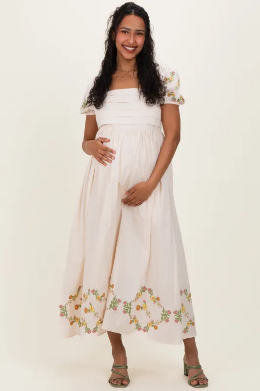 Creme Embroidered Floral Pleated Bodice Maternity Maxi Dress made by Inloom