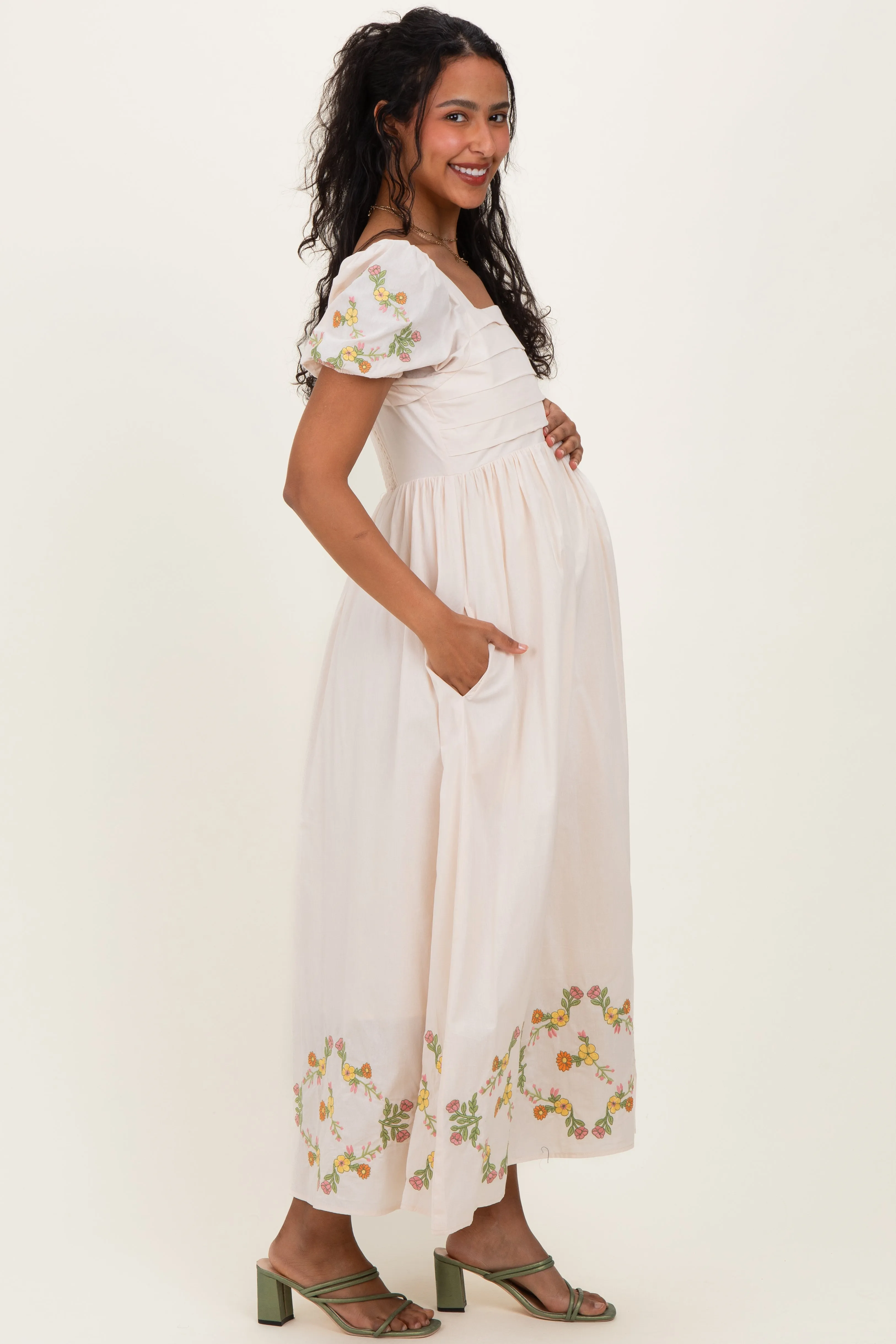 Creme Embroidered Floral Pleated Bodice Maternity Maxi Dress sold by Pinkblush product image thumbnail 2