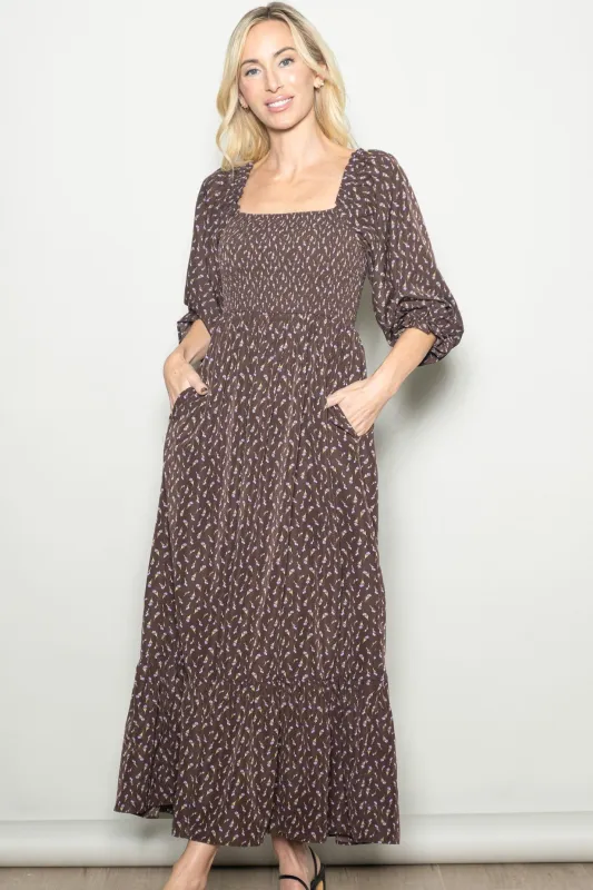 Chestnut Brown Floral 3/4 Sleeve Maxi Dress made by Pinkblush