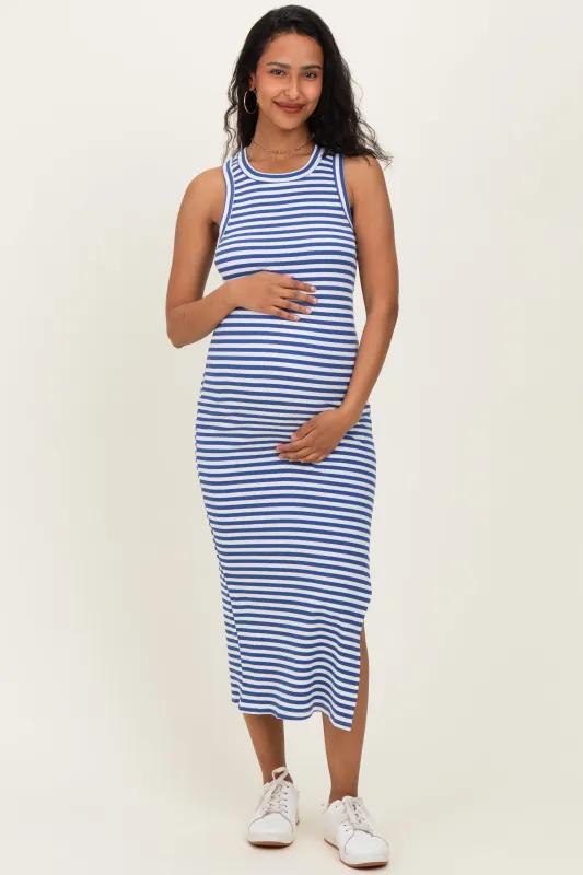 Blue Striped Side Slit Maternity Tank Dress sold by Pinkblush