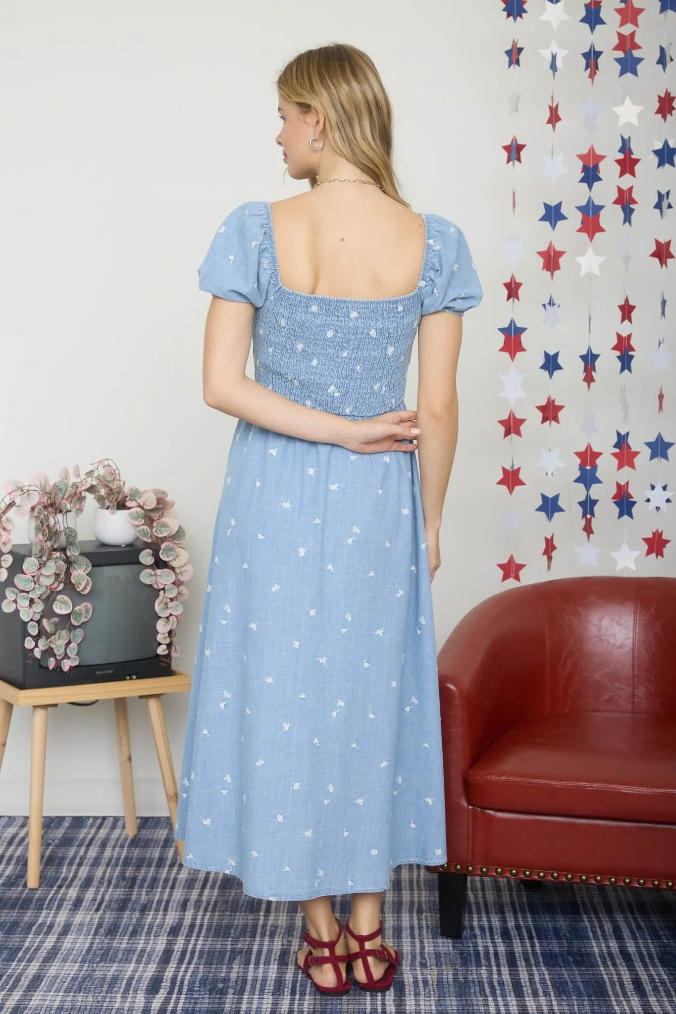 Chambray Embroidered Smocked Midi Dress sold by Pinkblush product image thumbnail 3
