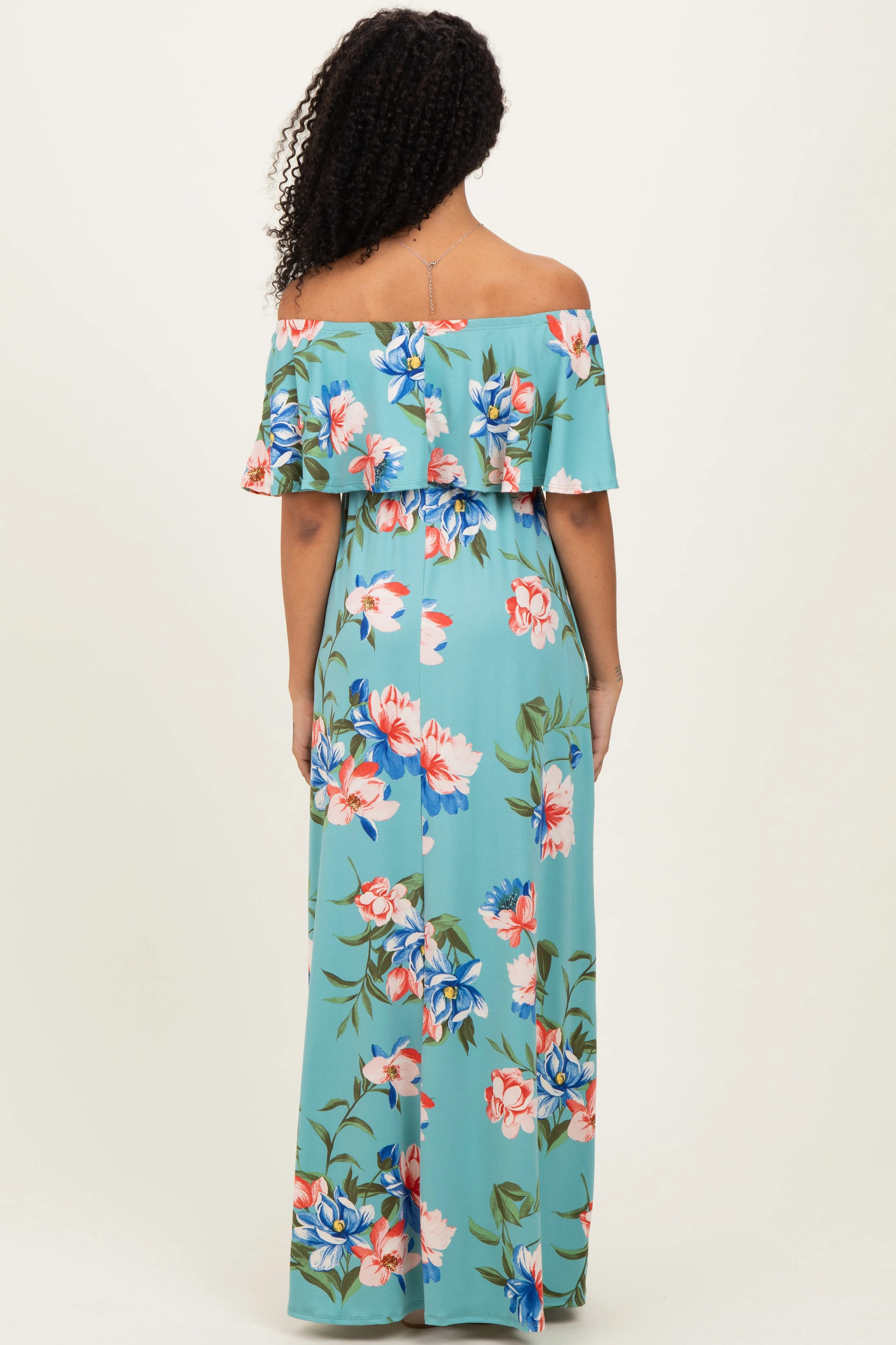 Light Blue Off Shoulder Floral Ruffle Maxi Dress sold by Pinkblush product image thumbnail 4