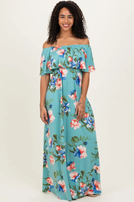 Light Blue Off Shoulder Floral Ruffle Maxi Dress made by Hello MIZ