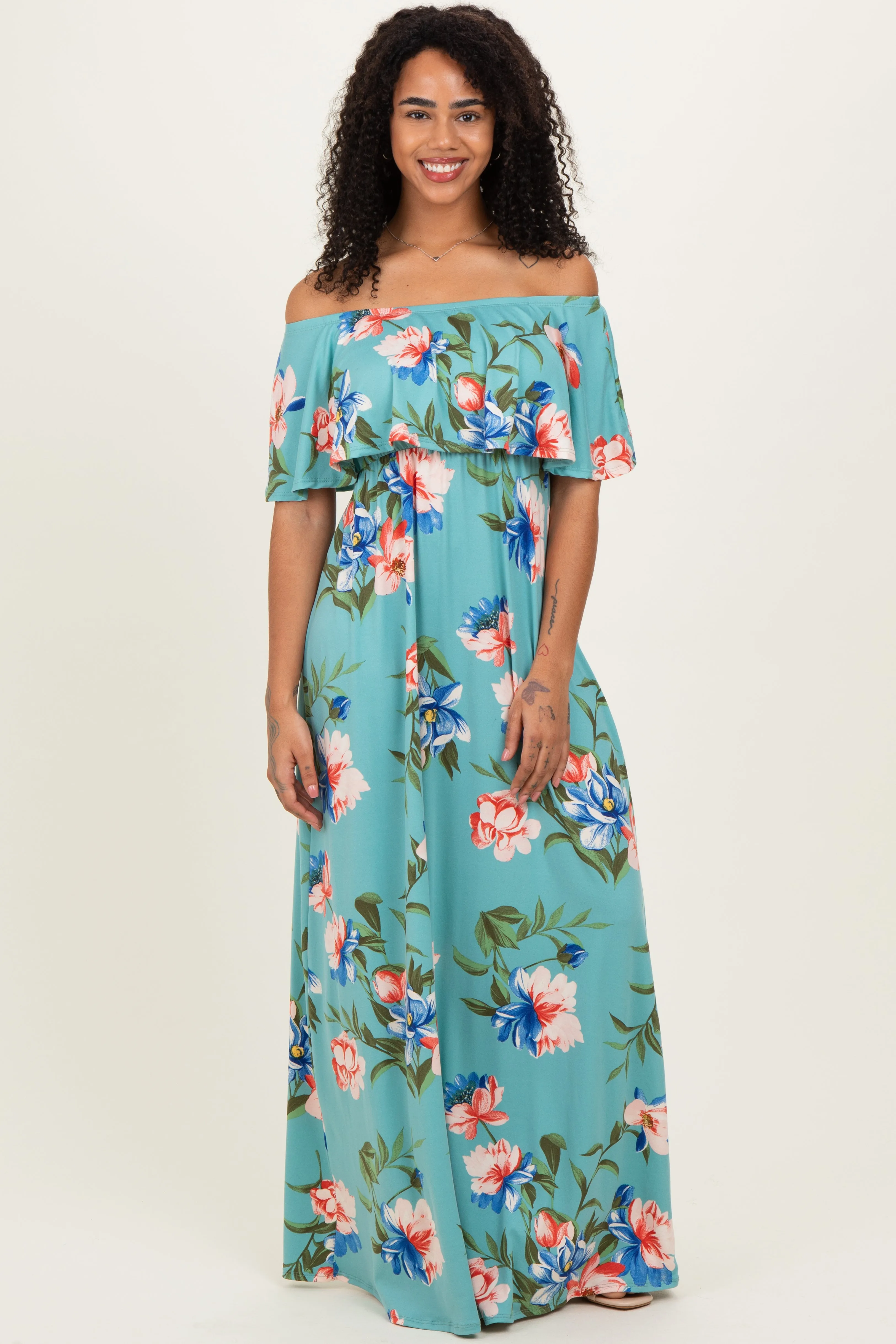 Light Blue Off Shoulder Floral Ruffle Maxi Dress sold by Pinkblush