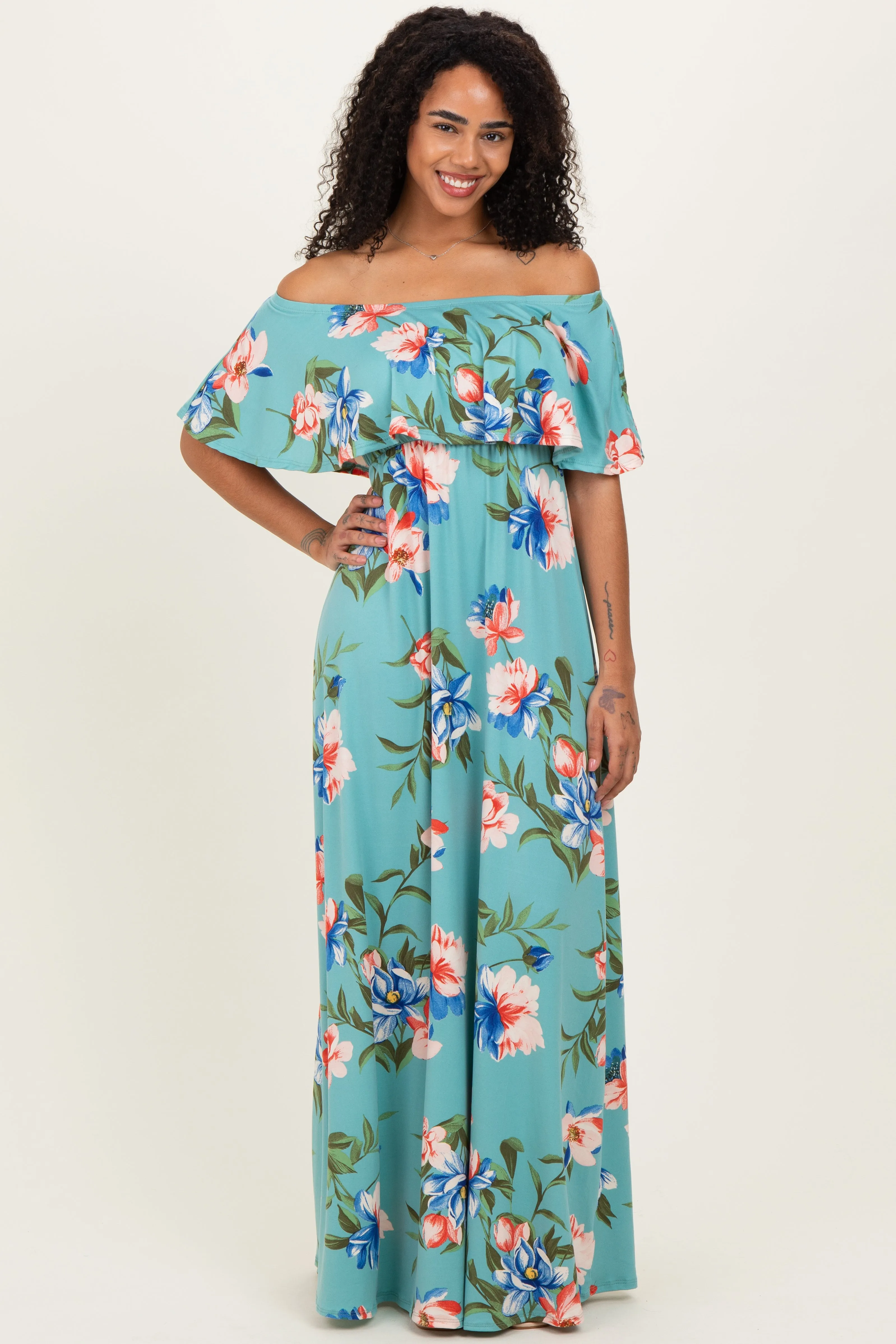 Light Blue Off Shoulder Floral Ruffle Maxi Dress sold by Pinkblush product image thumbnail 2