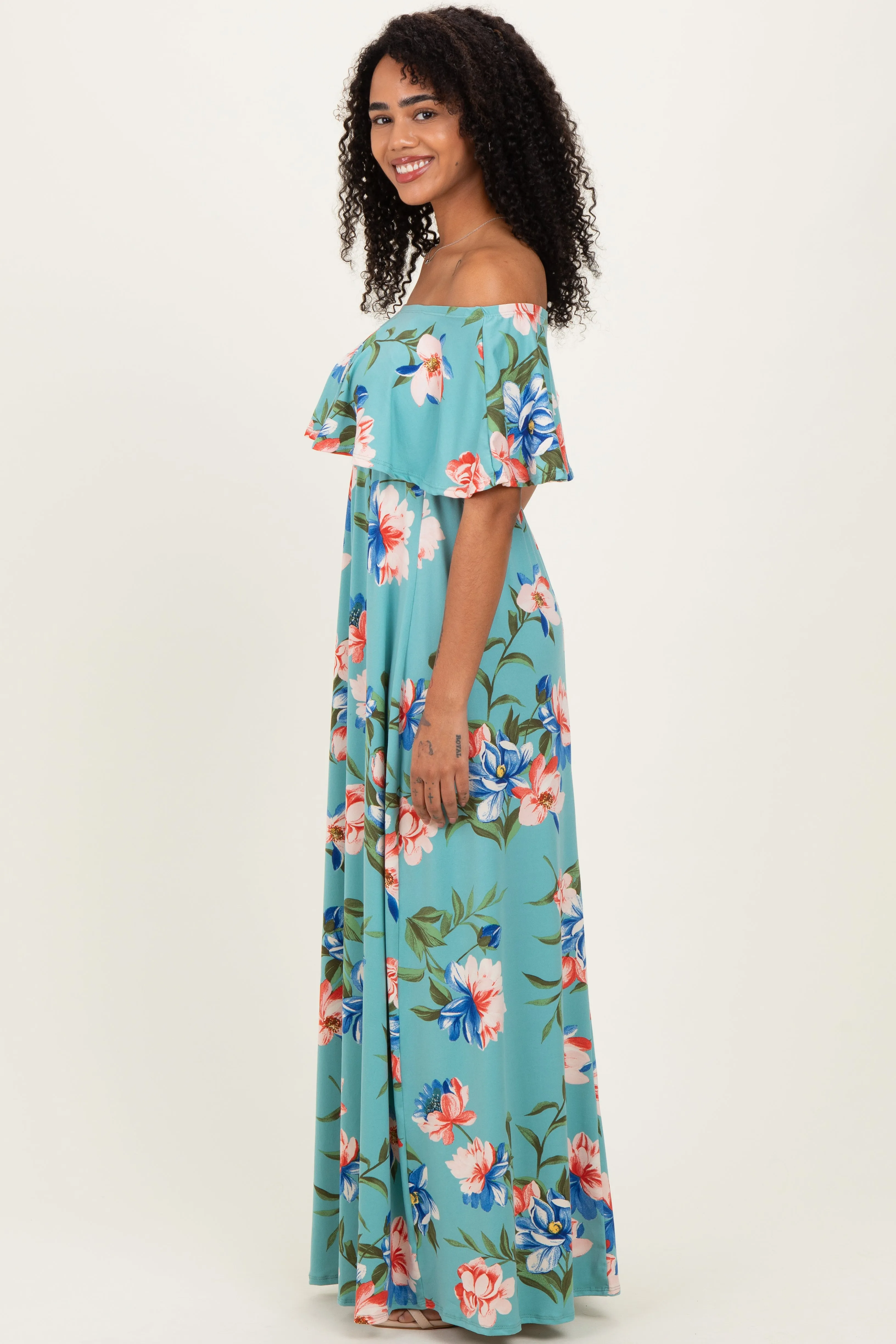 Light Blue Off Shoulder Floral Ruffle Maxi Dress sold by Pinkblush product image thumbnail 3