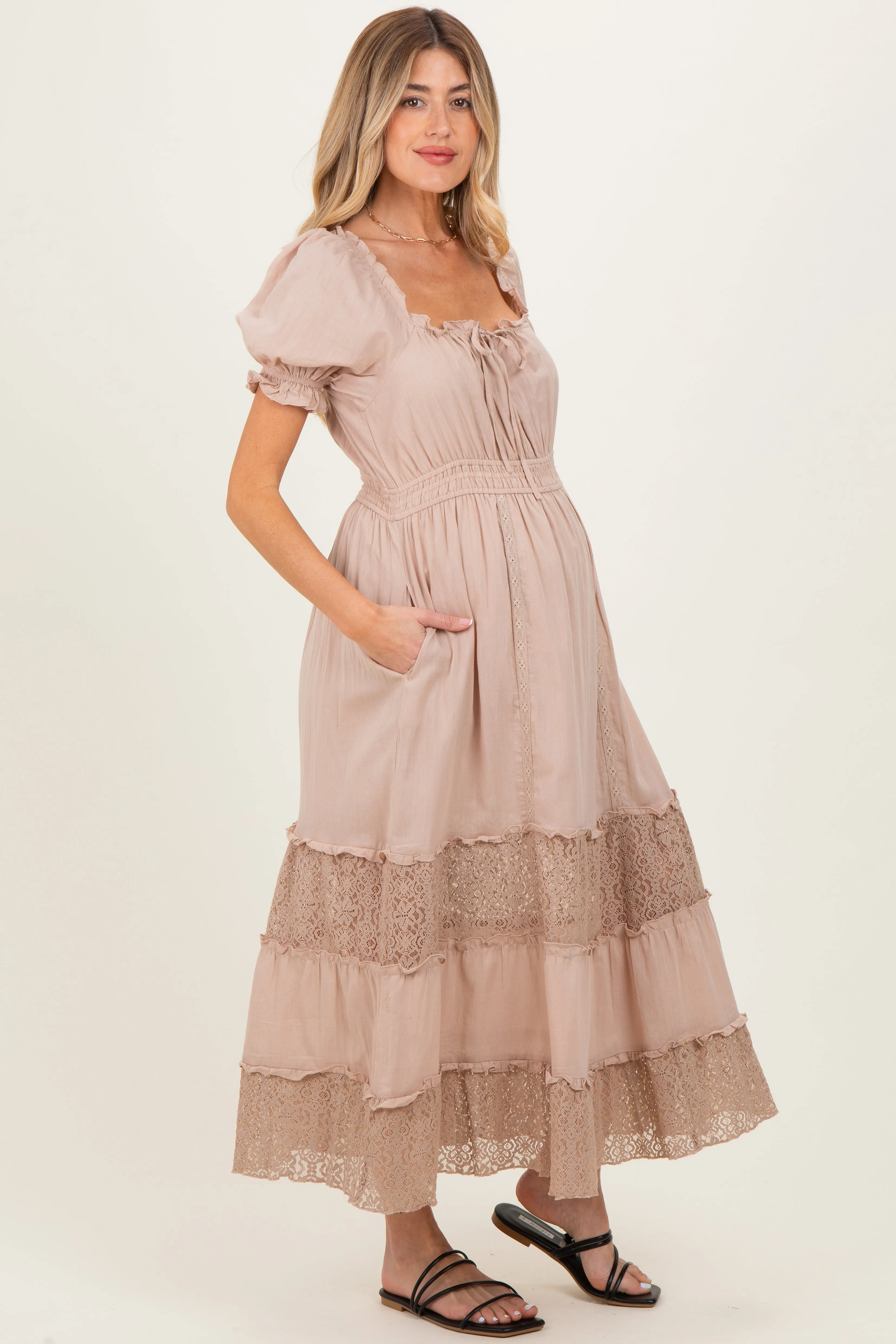 Taupe Lace Contrast Paneled Maternity Maxi Dress sold by Pinkblush product image thumbnail 3