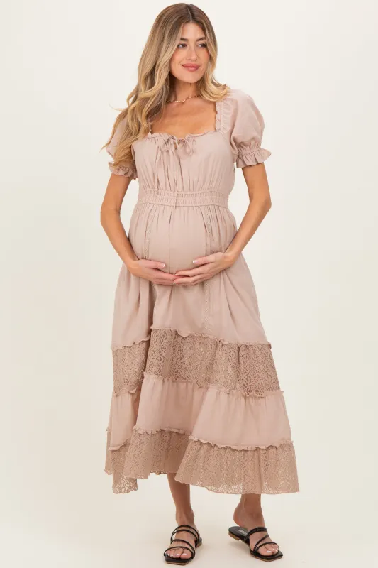 Taupe Lace Contrast Paneled Maternity Maxi Dress made by Inloom