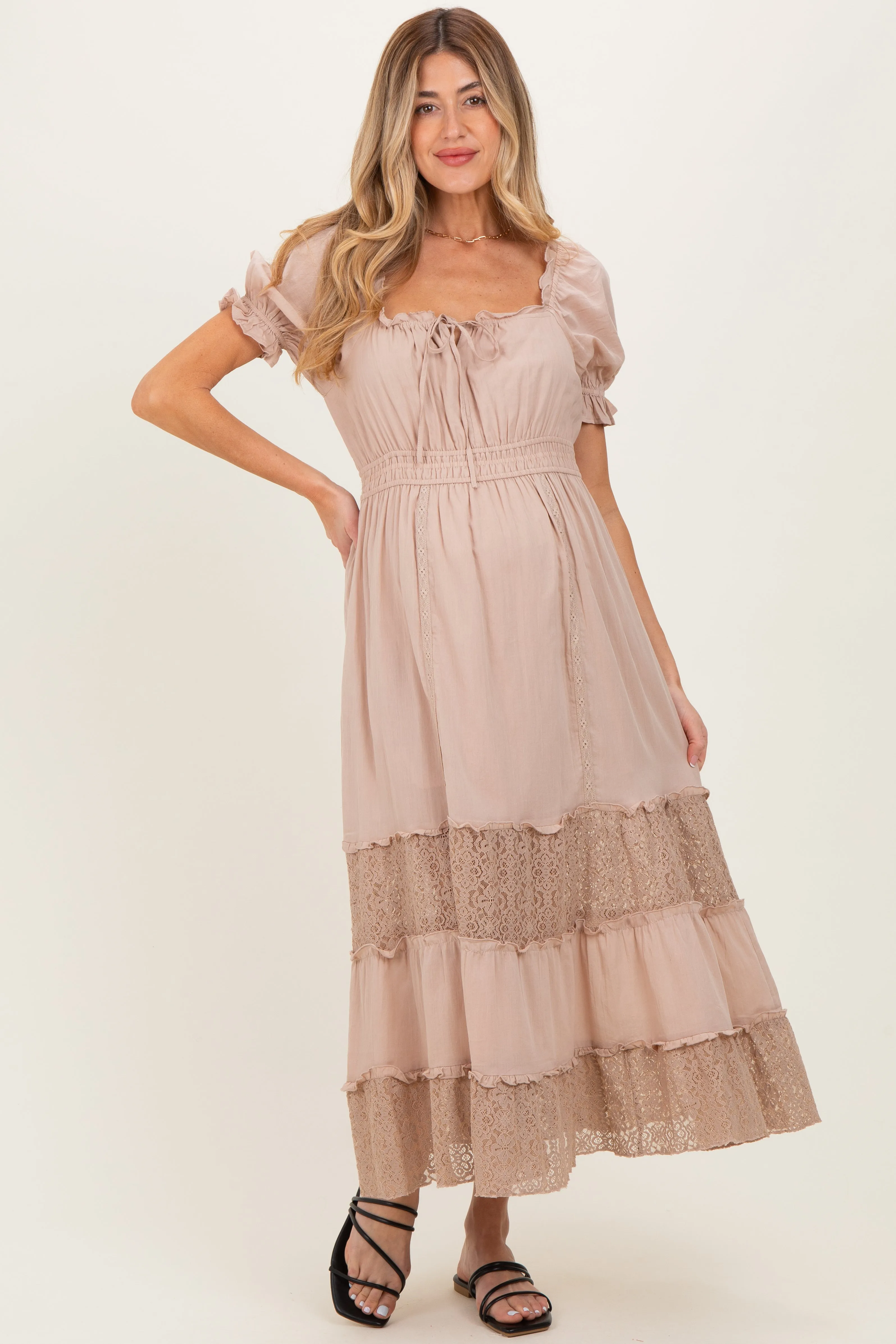 Taupe Lace Contrast Paneled Maternity Maxi Dress sold by Pinkblush product image thumbnail 2