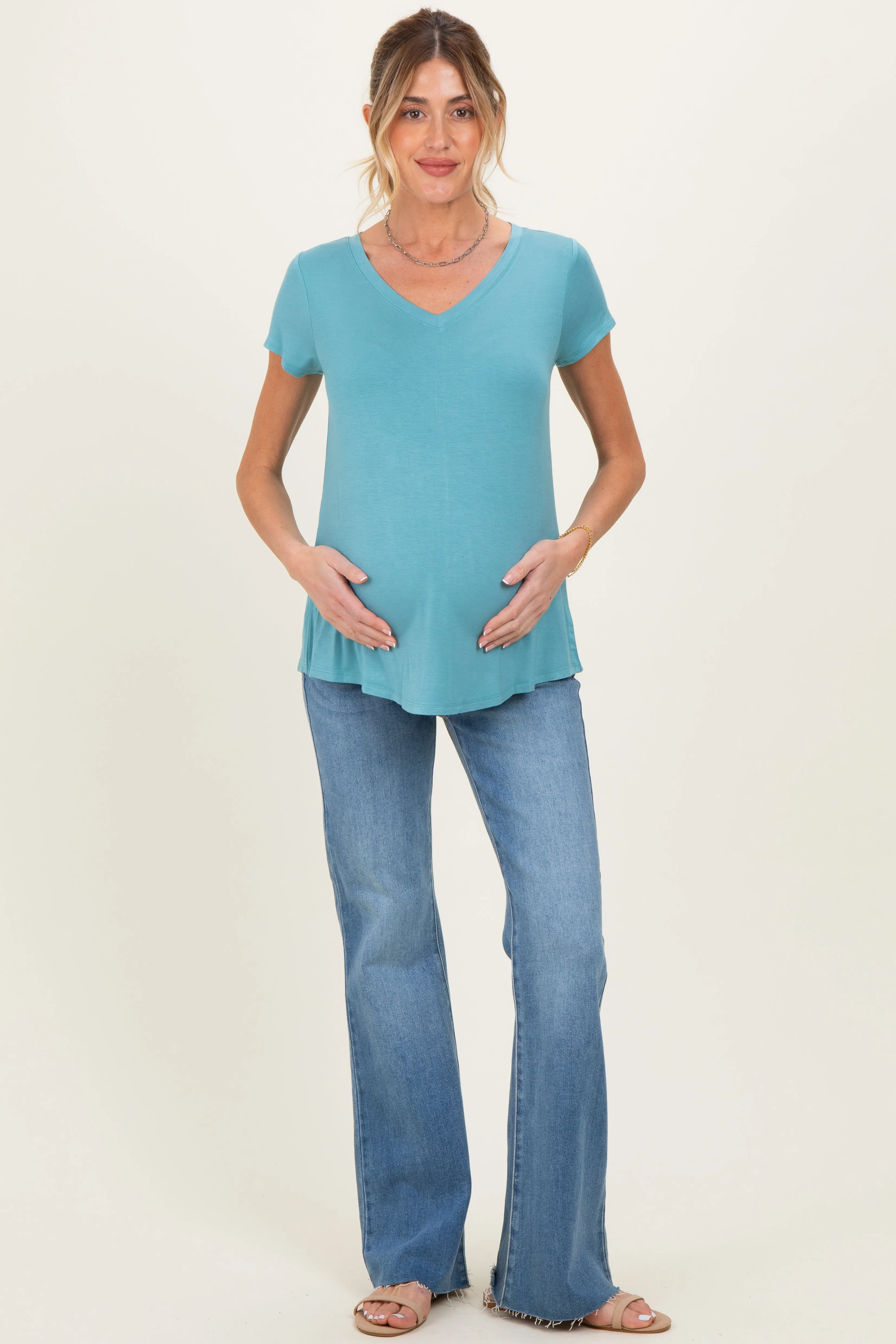 Dusty Teal Basic V-Neck Short Sleeve Maternity Top sold by Pinkblush product image thumbnail 2