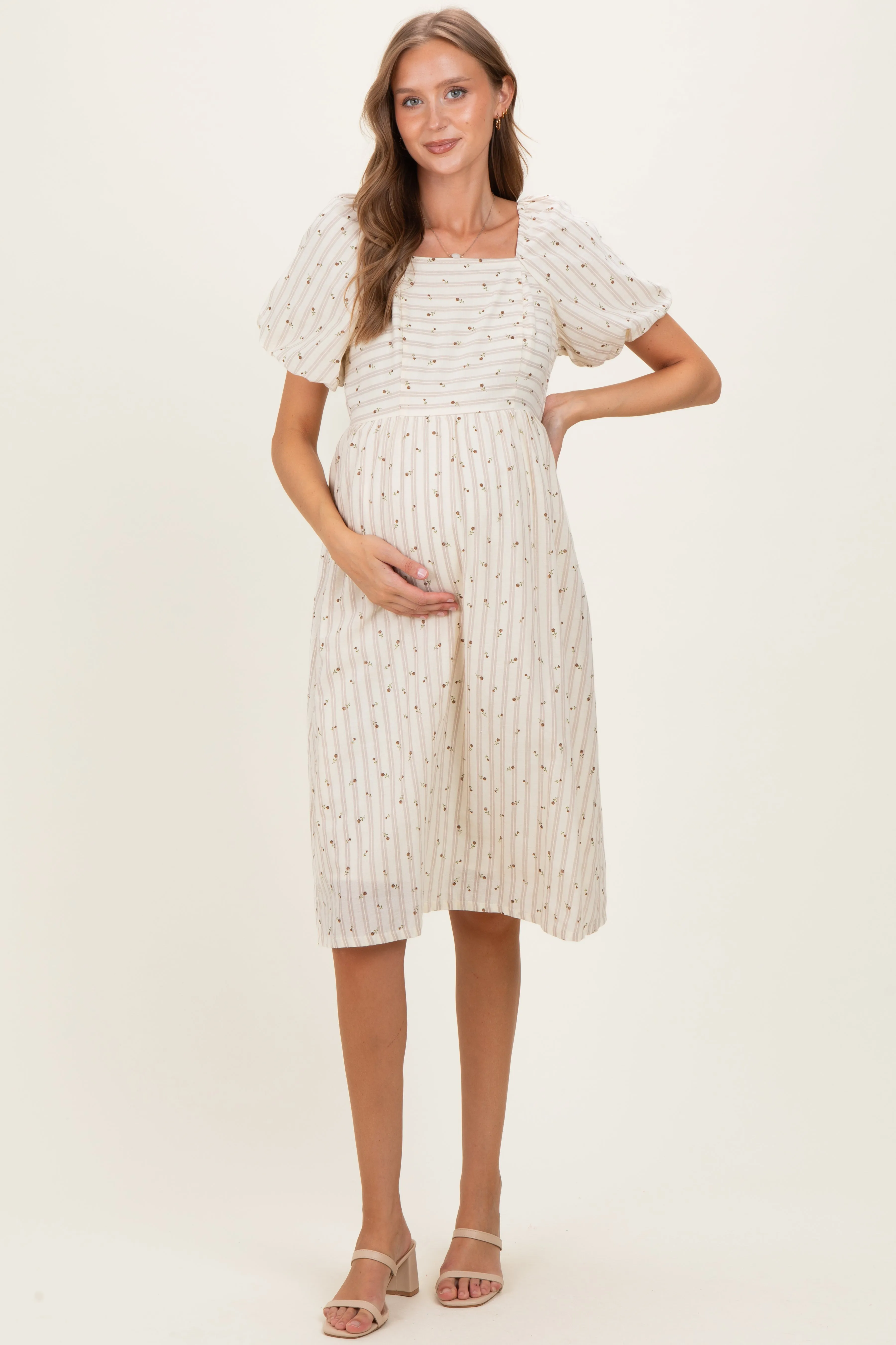 Beige Square Neck Striped Maternity Dress sold by Pinkblush product image thumbnail 2
