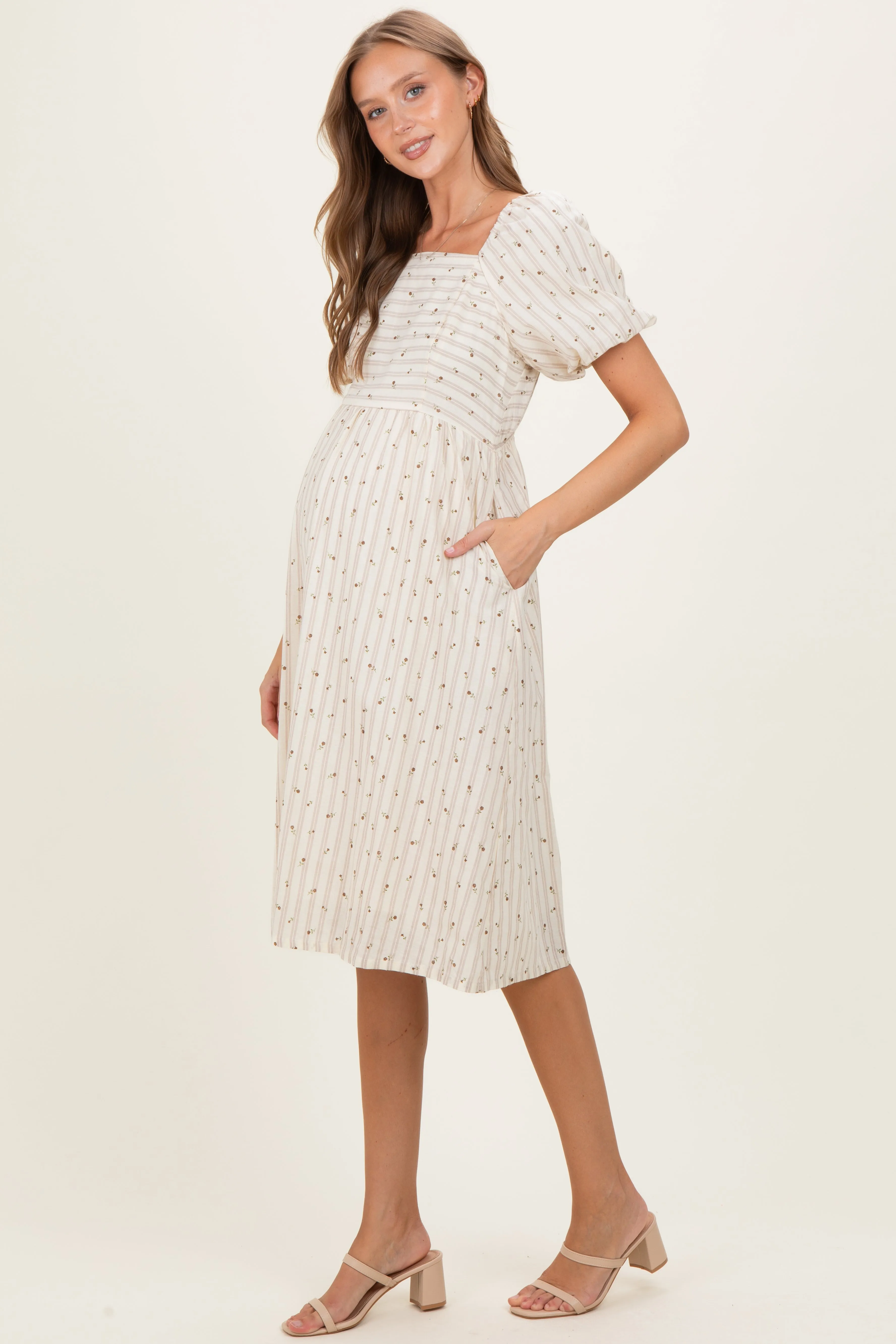 Beige Square Neck Striped Maternity Dress sold by Pinkblush product image thumbnail 3