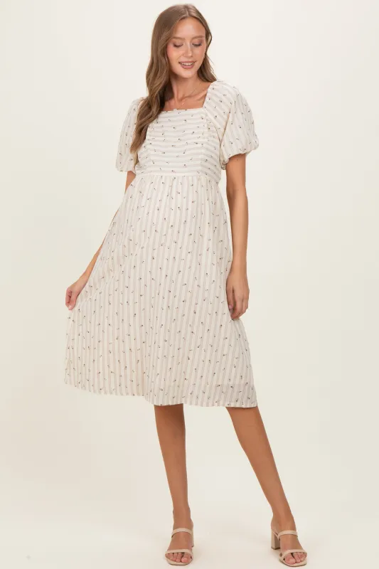 Beige Square Neck Striped Maternity Dress sold by Pinkblush