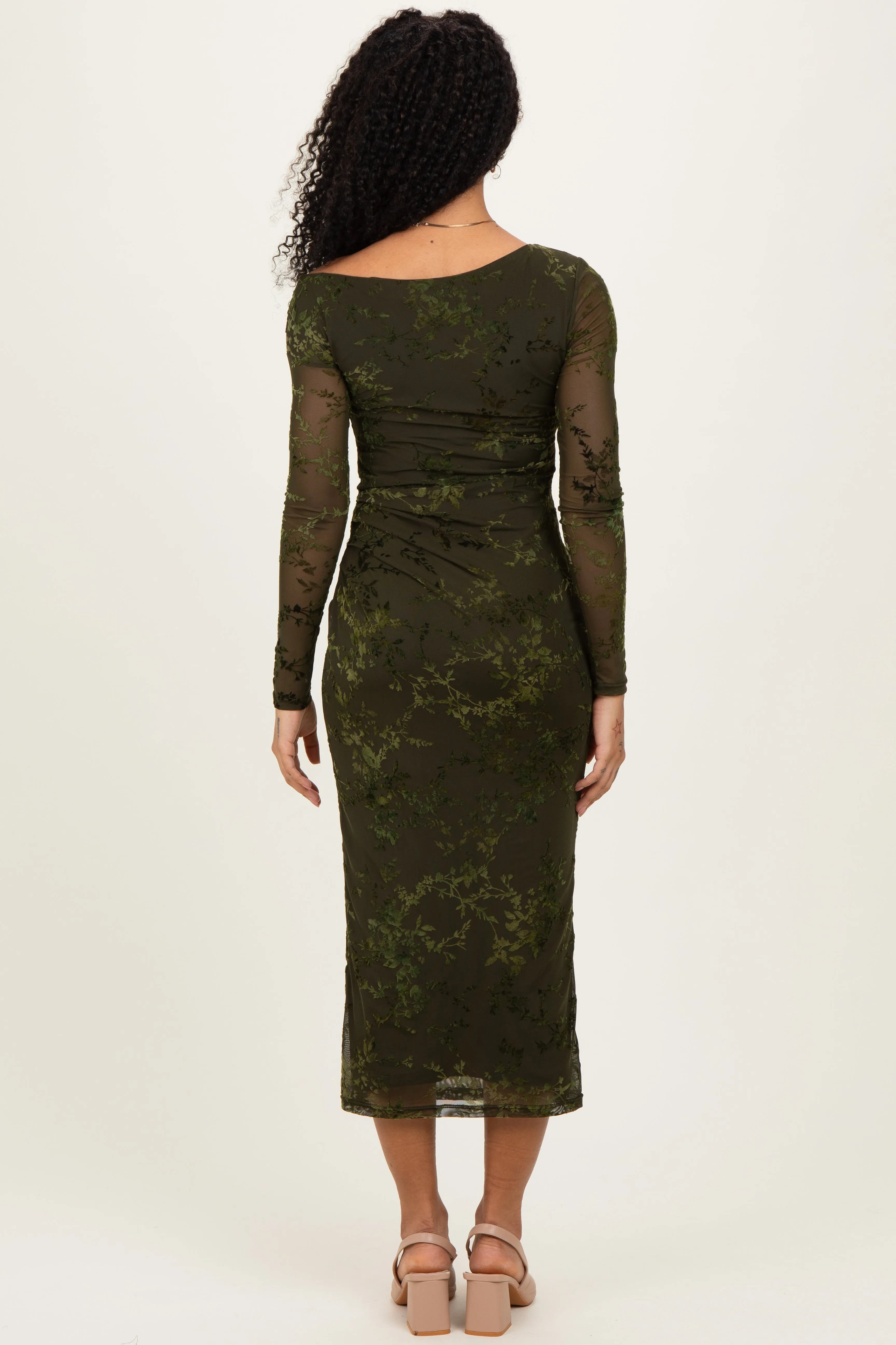 Olive Floral Mesh Overlay One Shoulder Dress sold by Pinkblush product image thumbnail 3
